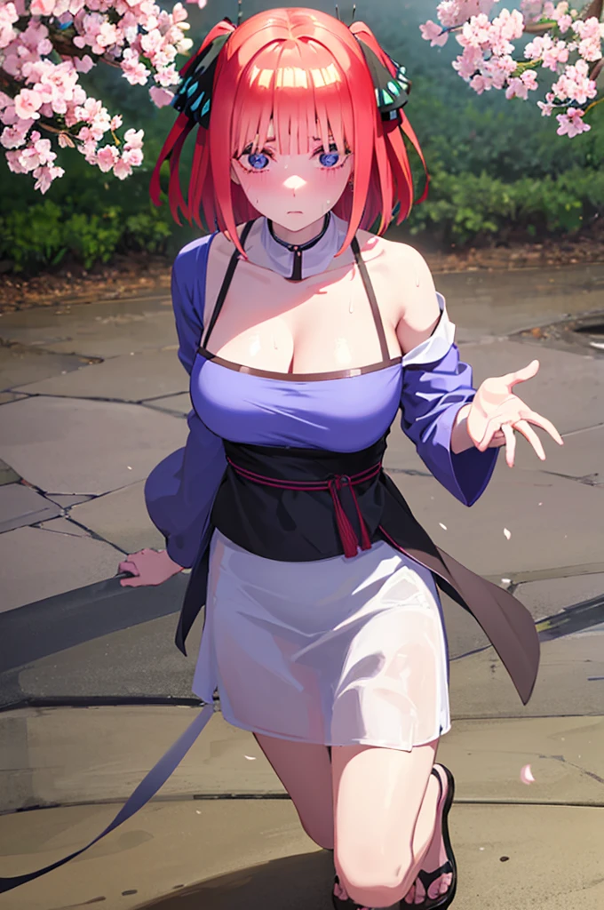 nino nakano, short hair, bangs, blue eyes, hair ornaments, Hair Ribbon, Pink Hair, blunt bangs, Both sides up, butterfly hair ornaments, skirt, Off the shoulder、Random color see-through kunoichi costume、Japanese see-through female samurai costume、See-through female ninja costume,, Open clothes, Collared dress emphasizes cleavage、胸の谷間のSweat is noticeable,, 満開のcherry blossoms、cherry blossoms、Open-air bath、Outdoor、Professional lighting light reflection、 looking at viewer, (masterpiece:1.2), highest quality, High resolution, unity 8k wallpaper, (figure:0.8), (Beautiful fine details:1.6), Highly detailed face, Perfect lighting, Highly detailed CG, (Perfect hands, Perfect Anatomy),heavy rain、heavy rainで全身びしょ濡れ、heavy rainで全身びしょ濡れの服、High heels、 ((Perfect handsの形))、(Perfect foot shape、A melting expression、A look that tempts men、Gestures to seduce a man、Obscene pose、Shining Sweat、Perfect Skin,Sweat is noticeable、太もものSweat is noticeable、、 Fair skin,Tight waist, Sweating profusely、Sweaty hair、Sweaty clothes、Sweaty、Visible sweat、rain-wet hair