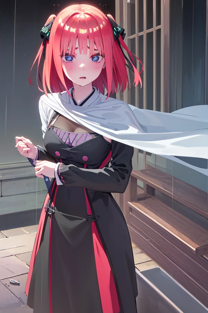 nino nakano, short hair, bangs, blue eyes, hair ornaments, Hair Ribbon, Pink Hair, blunt bangs, Both sides up, butterfly hair ornaments, skirt, Off the shoulder、Random color see-through kunoichi costume、Japanese see-through female samurai costume、See-through female ninja costume,, Open clothes, Collared dress emphasizes cleavage、胸の谷間のSweat is noticeable,, 満開のcherry blossoms、cherry blossoms、Open-air bath、Outdoor、Professional lighting light reflection、 looking at viewer, (masterpiece:1.2), highest quality, High resolution, unity 8k wallpaper, (figure:0.8), (Beautiful fine details:1.6), Highly detailed face, Perfect lighting, Highly detailed CG, (Perfect hands, Perfect Anatomy),heavy rain、heavy rainで全身びしょ濡れ、heavy rainで全身びしょ濡れの服、High heels、 ((Perfect handsの形))、(Perfect foot shape、A melting expression、A look that tempts men、Gestures to seduce a man、Obscene pose、Shining Sweat、Perfect Skin,Sweat is noticeable、太もものSweat is noticeable、、 Fair skin,Tight waist, Sweating profusely、Sweaty hair、Sweaty clothes、Sweaty、Visible sweat、rain-wet hair