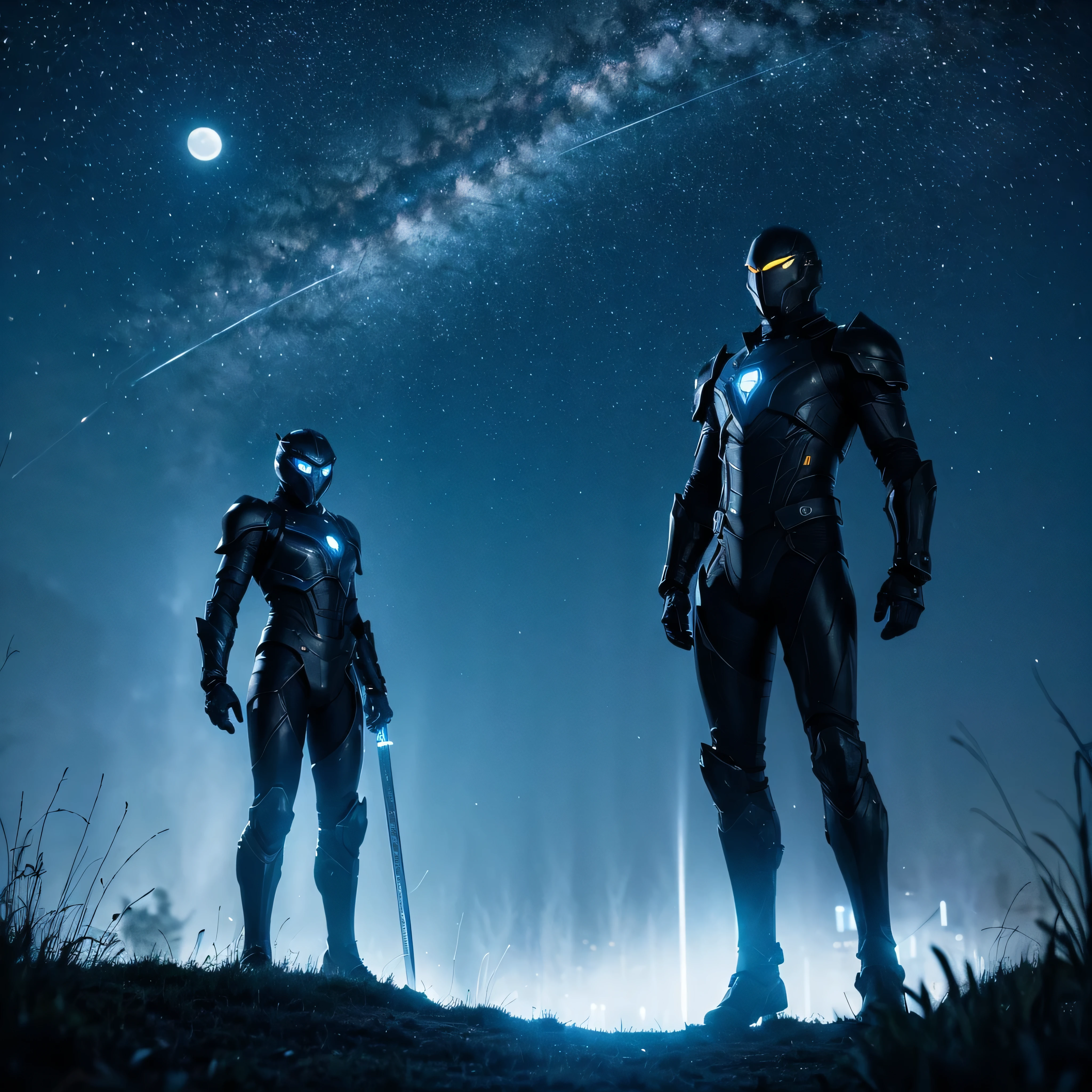 Describe a scene where a figure in full black futuristic armor stands in the middle of a vast flower field at midnight. The armor is sleek and high-tech, with glowing blue accents. The figure has just thrust a large, two-handed energy sword into the ground. The field is filled with a variety of flowers, their colors muted in the moonlight. The night sky is clear, with stars and a bright full moon illuminating the scene. The armor's blue accents glow softly, creating an ethereal contrast with the dark surroundings. The figure's stance is strong and resolute, and the atmosphere is a blend of tranquility and tension.