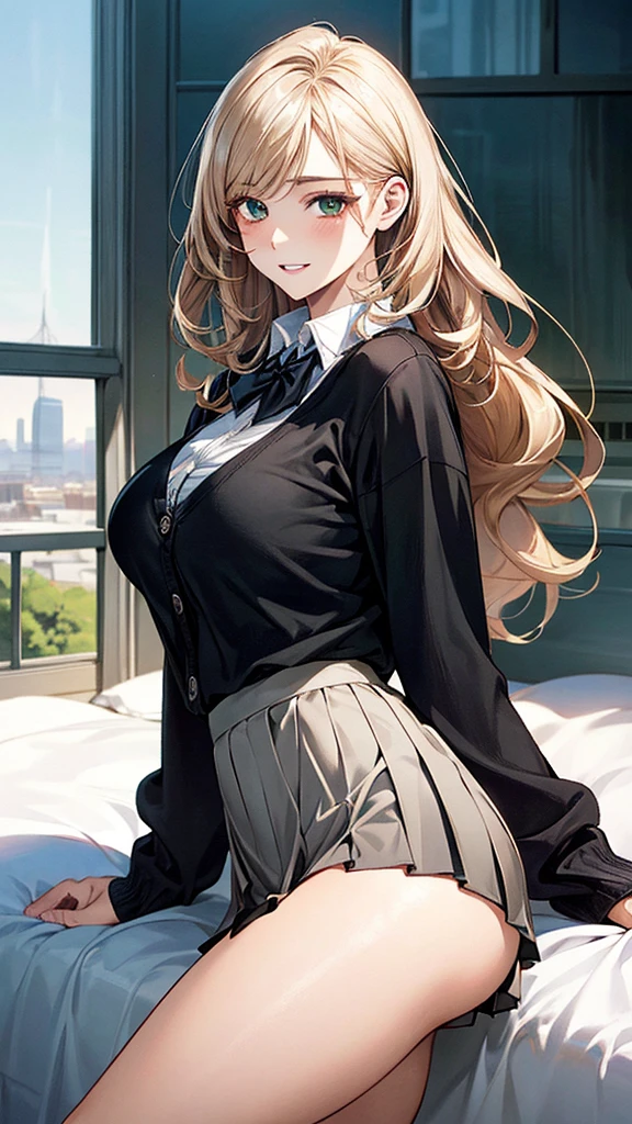 (masterpiece:1.2, top-quality), (realistic, photorealistic:1.4), beautiful illustration, (natural side lighting, movie lighting), ,
looking at viewer, 1 girl, , high school girl, perfect face, cute and symmetrical face, shiny skin,
(short hair:1.5, curly hair:1.5, ((very long back hair)), light brown hair), crossed bangs, brown eyes, big eyes, slant eyes, long eye lasher, (large breasts, curvy waist, big ass), glamour,
beautiful hair, beautiful face, beautiful detailed eyes, beautiful clavicle, beautiful body, beautiful chest, beautiful thigh, beautiful legs, beautiful fingers,
((overly long sleeve black cardigan, white collared shirts, black pleated mini skirt), dark red bow tie),
(beautiful scenery), morning, (outdoors), walking, (lovely smile, upper eyes, parted lips),Masterpiece, top quality, super high definition, 32K, with one beautiful adult woman, female, platinum blonde, green eyes, slit, upturned eyes, mascara. Long hair, model-like, tall, beautiful, perfectly proportioned. Outside the window is a cityscape, the sky, and a bed, shirtless, bra on display.
Her legs are spread wide, and her tight skirt is peeling back to reveal her panties. Her breasts are medium sized and beautiful.
The woman's face is flushed bright red and she has a troubled smile on her face.