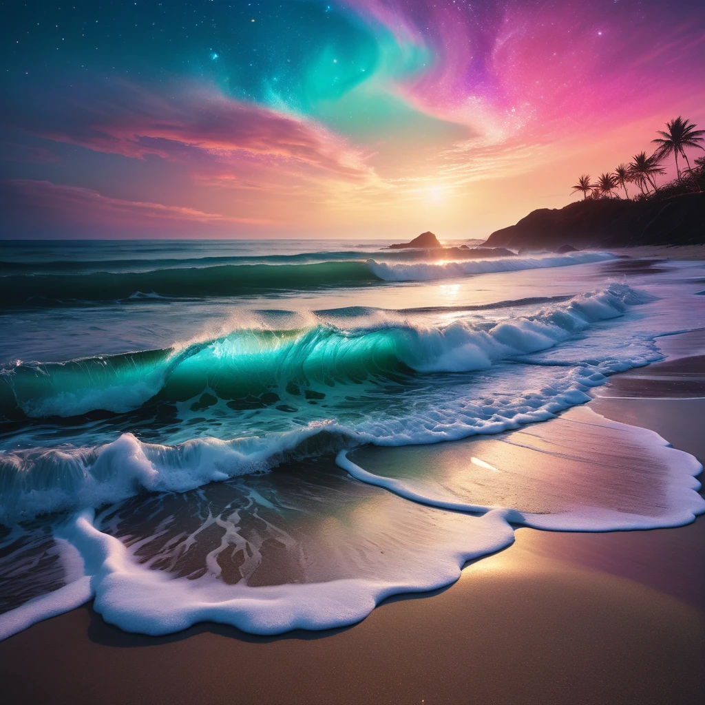 Bioluminescent waves crashing onto a sandy beach at night, enchanting scene with vivid colors and gentle movement, A mesmerizing scene unfolds before your eyes as you gaze upon a hypnotic eye blending into a star-studded sky, dotted with nebulae and cosmic dust. intricate details in the waves' glow and shoreline, dreamy surrealism captured with high-resolution quality, cinematic aesthetic, raw capture of the ethereal moment with a touch of fantasy, beachscape illuminated in an otherworldly light, painterly tones and brush strokes in an oil painting style, shot with a Fujifilm XT3 and Plaubel Makina