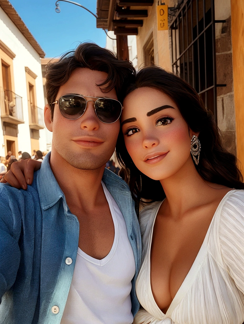 An araffed couple taking a selfie on a city street, Olivia culpo, hot, author：Robbie Trevino, Arianne Mark, handsome face and beautiful face, Olivia, tyler edlin 和 natasha tan, Valentine&#39;s Day Shuffle, jordan grimmer and natasha tan, Thomas Dantoni and Malika Favre, Olivia culpo as milady de winter, gorgeous face