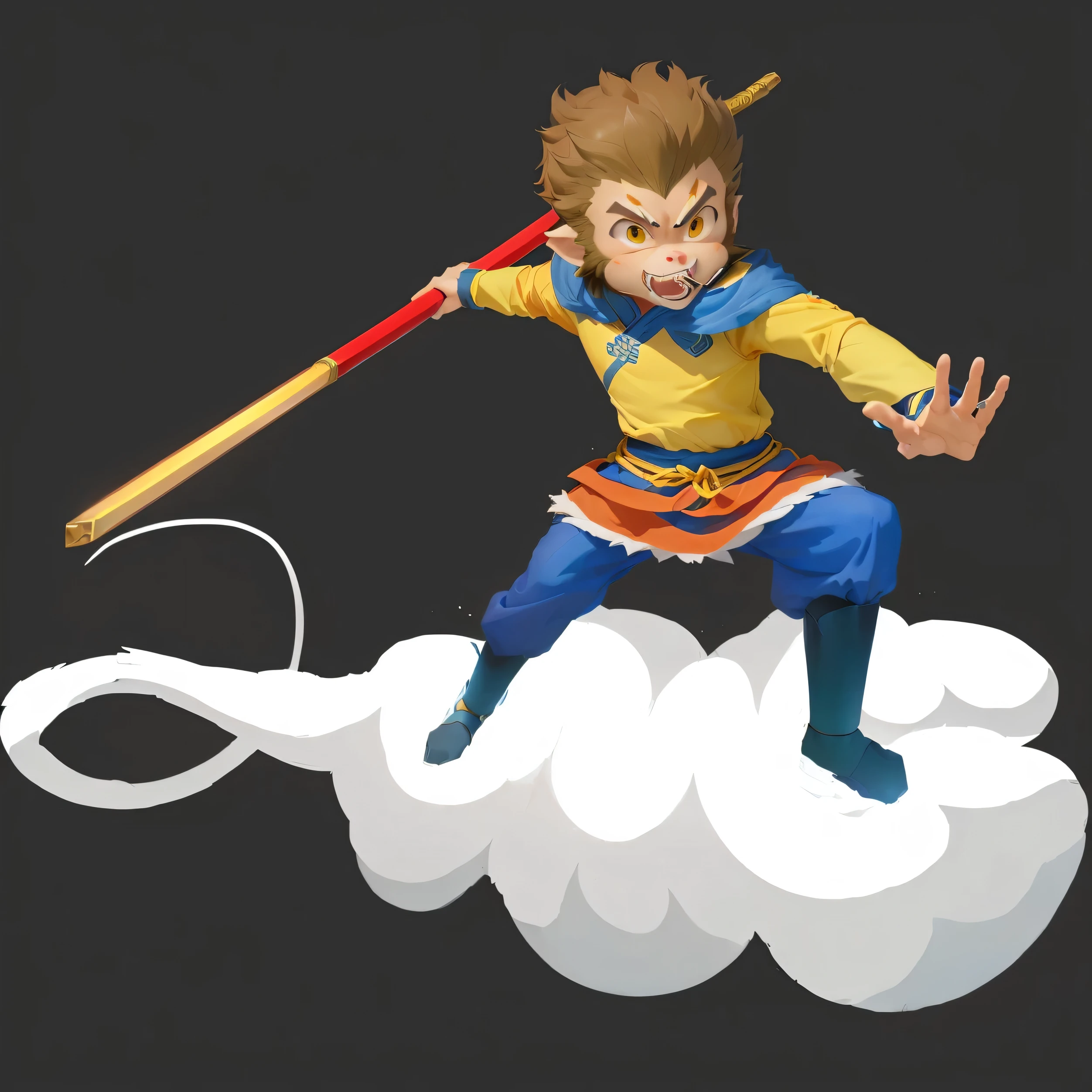 Cartoon boy standing on the cloud with pole in hand, sun Wukong, Sun Wukong, Wukong, Akira in Chinese mythology, Smart monkey with long knife, The character is flying, gentlemen. Halo character design, Journey to the West, Ashura，From Chinese mythology, Humanoid monkey fantasy race, Legendary god holding a spear