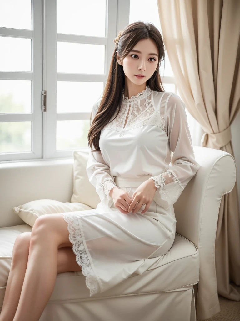 Super detailed、Japanese、charming beauty、seductive adult woman、Dainty woman、sharp eyes、cool girl、wavy hair、suit、Black chiffon、lacy fabric、wide sleeve、wearing a lace insert dress、white blouse、flare skirt、pantyhose、Shiny legs、evilの幹部、evil depravity、brainwashing、Mind control、lipstick、grin、邪evilなな表情、evil、empty eyes、邪evilな、darkness room、seductive pose、sit on a chair、Feels good、Feel good、jerk off