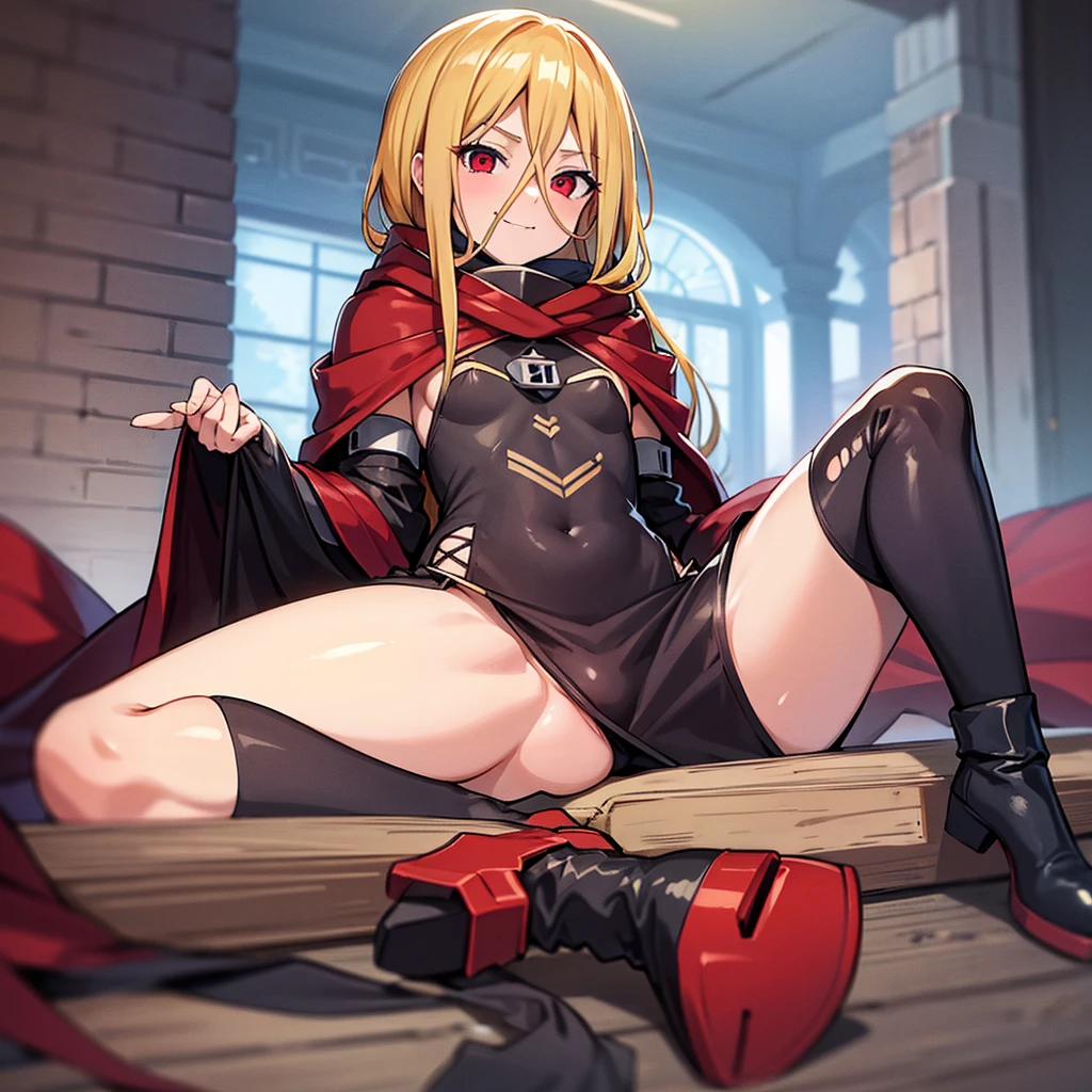 best quality,high resolution,Beautiful detailed eyes,White lighting:1.2),smile , shy , aroused, looking at viewer, feet , very small breastes, slim body, very young , vampire, , long hair , , red eyes, blonde hair, , removing boots, wet feet , score_9, score_8_up, score_7_up, score_6_up, masterpiece, BREAK, source anime, {{tags}}, (masterpiece:1.4), (best quality:1.2),(( 5 soles)), black body suite , , , spread legs , evileye_overlord, hooded red cloak, torn black clothes , barefoot