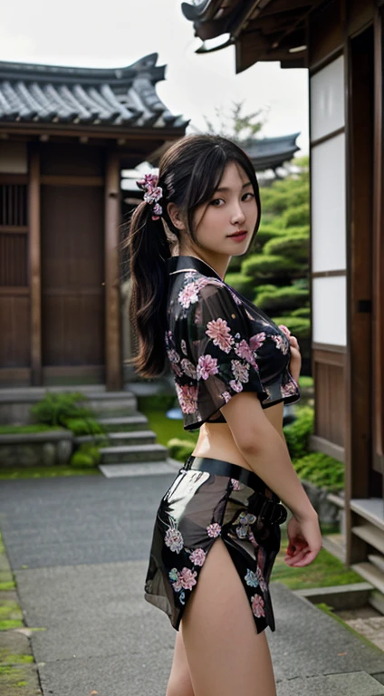 最high quality、high quality、best image quality、8K、最High resolution、High resolution、最high quality、masterpiece、RAW photo、full body photo、realistic atmosphere、(detailed face)、(fine hands、thumb1reference4)、(beauty of japan )、very nice face、cute face、((beautiful japanese girl))、(japanese woman), ((18 year old beautiful girl))、(glossy black hair)、(straight long hair)、(ponytail)、slim style、(shiny skin)、(Fair skin, Glossy skin)、real human skin、realistic human body structure、perfect body, perfect face, perfect hands, perfect fingers, perfect lips, perfect eyes,perfect teeth、perfect background, perfect atmosphere, natural soft light、photon mapping、Ainu ethnic clothing、Miko costume、japanese traditional、(kunoichi kimono)、In front of an old Japanese samurai residence、((Transparent sheer dark color(floral crop top kimono、side slit super mini skirt))、Tai Chi stance、karate stance