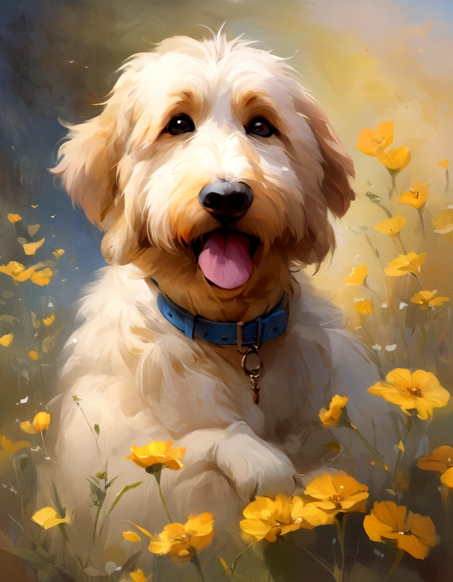 A dog wearing a blue collar standing in a yellow flower field, oil painting, cute puppy, oil painting landscape, tall beautiful painting, dog portrait