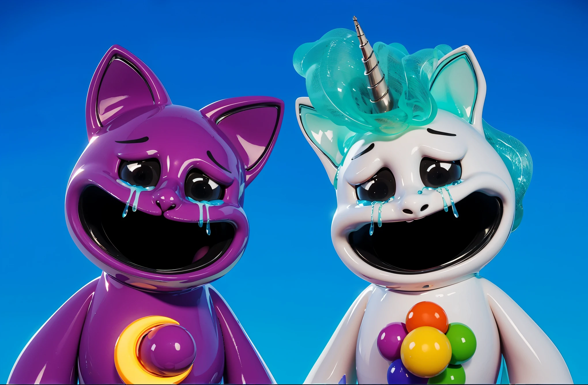 clouds, A 3D, glossy scene featuring two adorable latex-like purple cats with a shiny, plastic finish. The cats have large, expressive eyes and are positioned playfully on fluffy clouds in the night sky. The lighting is realistic, highlighting the glossy, reflective surfaces of the cats clouds and creating a vibrant, magical atmosphere. The overall clouds effect is smooth and polished, with the latex clouds and plastic textures enhancing the whimsical and lifelike appearance of the characters. cloudscartoon keyframe rendering, cute 3D rendering,,Create ultra sharp  цветной рендеринг zbrush. perfect cgi, cgi art created only with gradients, smooth silhouette, Create ultra sharp skin, high intensity refraction, (plastic material), most beautiful vfx, blue background, plastic refractions, glossy texture, smooth 3d model, multiple light sources, rim light, sharp post effects render, (glossy plastic texture with multiple big light probe refractions), perfect cgi, cgi art created only with gradients, smooth silhouette, high intensity refraction, (plastic material), most beautiful vfx, blue background
