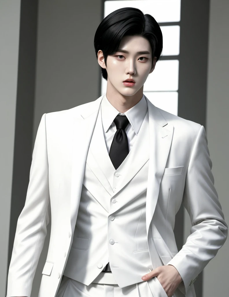 Tall Guy. The character Gong Park is from the webtoon Lookism. Korean. Black hair. Black eyes with white pupils. White suit. Exactly the same as in the photo. Detailed. Reality. In real life. High quality.