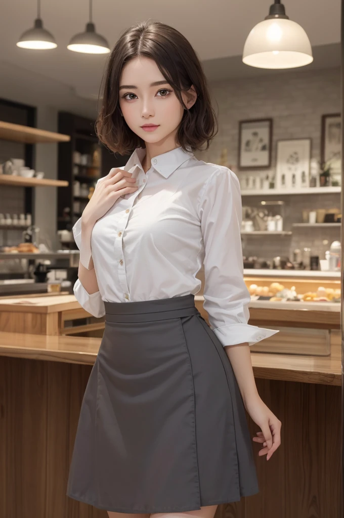 8K Ultra HD、RAWphotograph、モデルphotograph撮影、 (masterpiece, highest quality, photoGenuineistic, High resolution, photograph: 1.3), close, focus on, Hot Model, slim, 30 year old mature woman、Small face、Shortcuts、Dark brown hair、Beautiful eyes in every detail、Genuineな肌, (Perfect body), Sexy hot face, casual, sexual sight, slim,Long sleeve, Beautiful eyes in every detail、Glossy lips、Small breasts、、Bust B cup、((Bright light、Dynamic Lighting、Genuine、超Genuine、 Genuineism、Genuineistic details、Cool Beauty、Cool pose、Waitress clothes,Long skirt,apron,Inside a stylish cafe,Mr.々Posing