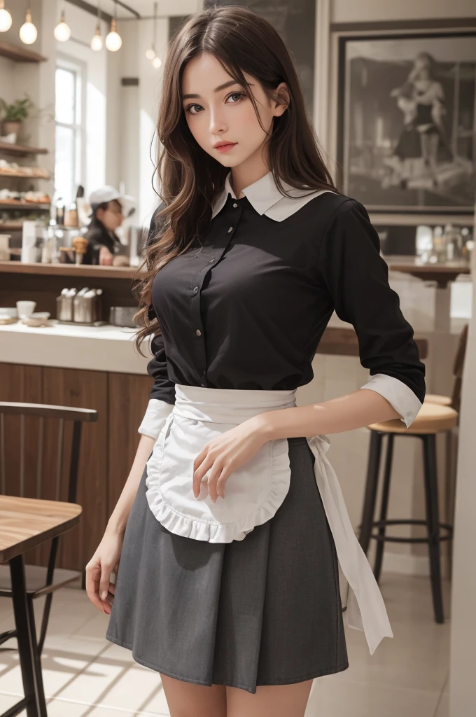 8K Ultra HD、RAWphotograph、モデルphotograph撮影、 (masterpiece, highest quality, photoGenuineistic, High resolution, photograph: 1.3), close, focus on, Hot Model, slim, 30 year old mature woman、Small face、Shortcuts、Dark brown hair、Beautiful eyes in every detail、Genuineな肌, (Perfect body), Sexy hot face, casual, sexual sight, slim,Long sleeve, Beautiful eyes in every detail、Glossy lips、Small breasts、、Bust B cup、((Bright light、Dynamic Lighting、Genuine、超Genuine、 Genuineism、Genuineistic details、Cool Beauty、Cool pose、Waitress clothes,Long skirt,apron,Inside a stylish cafe,Mr.々Posing