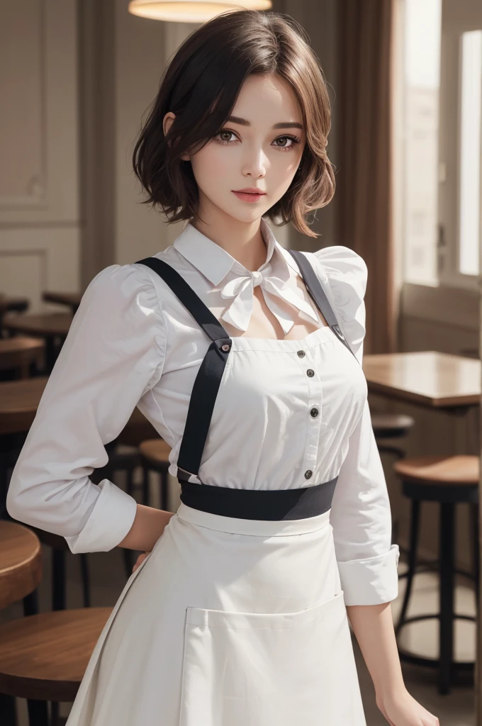 8K Ultra HD、RAWphotograph、モデルphotograph撮影、 (masterpiece, highest quality, photoGenuineistic, High resolution, photograph: 1.3), close, focus on, Hot Model, slim, 30 year old mature woman、Small face、Shortcuts、Dark brown hair、Beautiful eyes in every detail、Genuineな肌, (Perfect body), Sexy hot face, casual, sexual sight, slim,Long sleeve, Beautiful eyes in every detail、Glossy lips、Small breasts、、Bust B cup、((Bright light、Dynamic Lighting、Genuine、超Genuine、 Genuineism、Genuineistic details、Cool Beauty、Cool pose、Waitress clothes,Long skirt,apron,Inside a stylish cafe,Mr.々Posing