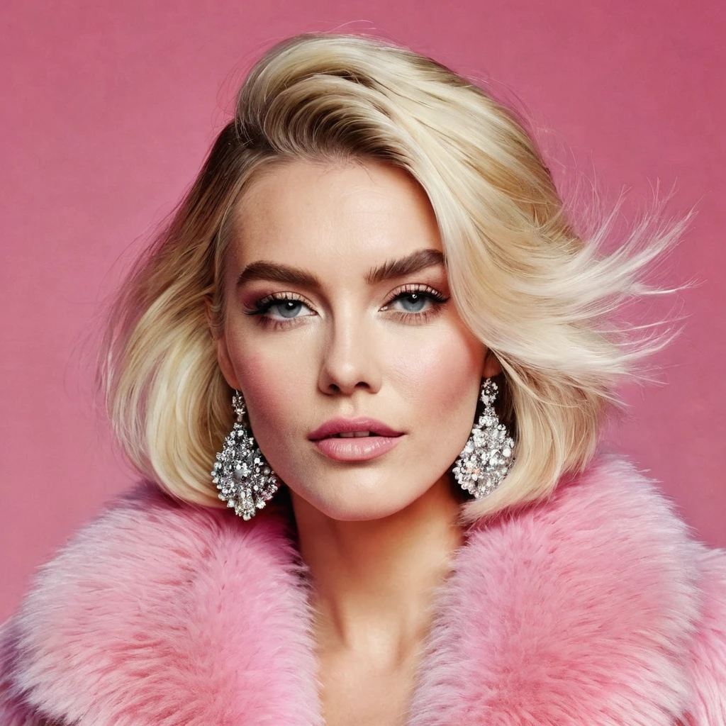 hugely bearded woman to cheeks and neck, voluminous bob lob blonde hair, shaggy hairy hands, wears bling bling pink fur coat