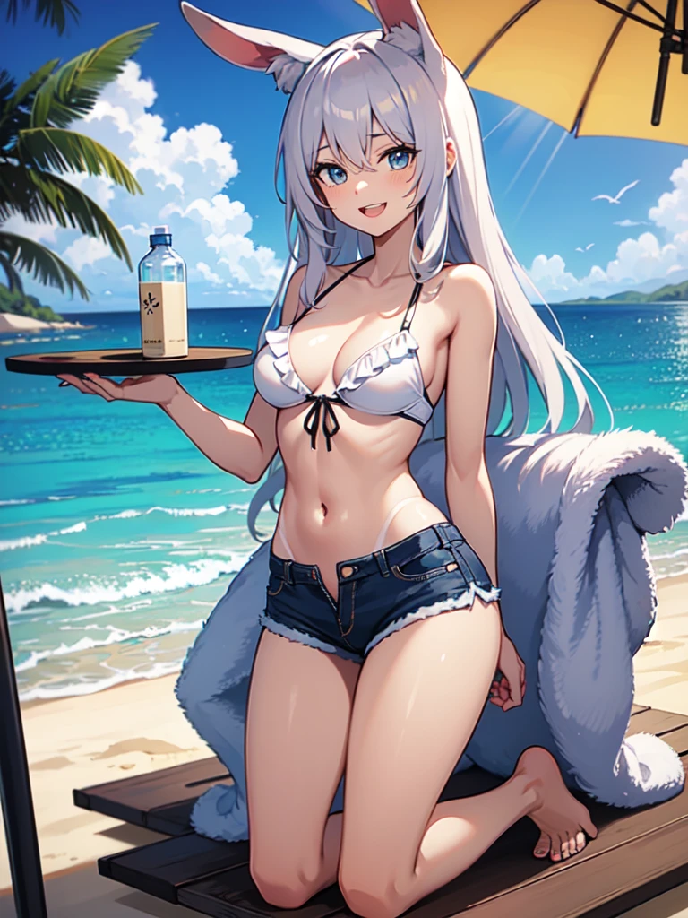 outdoors, swimsuit, breasts, beach, shorts, bikini, denim, long hair, blue eyes, looking at viewer, animal ears, denim shorts, solo focus, day, navel, smile, multiple girls, rabbit ears, parted lips, holding, short shorts, bare shoulders, medium breasts, cleavage, sitting, bare arms, stomach, blush, 2girls, collarbone, ocean, umbrella, very long hair, frills, sunlight, thighs, open fly, grey hair, beach umbrella, bottle, halterneck, beach chair, frilled bikini, cloud, string bikini, sky, sand, bangs, water, highleg, cutoffs, front-tie top, extra ears, animal ear fluff, blue shorts, blue sky, holding bottle, towel, lotion, grin, beach towel, lotion bottle, black bikini, front-tie bikini top, micro shorts, sunscreen, open clothes, white hair, 3girls, tan, cowboy shot, hand up, rabbit girl, torn shorts, chair, highleg bikini, lips, open shorts, large breasts, unbuttoned, horizon, sidelocks, bikini top only, dark skin, teeth, blue bikini, shiny, dutch angle, dark-skinned female, light rays, 1girl, armpit crease, lounge chair, shadow, bare legs, shade, white bikini, open mouth, arm support, blanket, black hair, shiny skin, fingernails, brown hair, tanlines, solo, midriff, bikini under clothes, parasol, torn clothes, ass, standing, nail polish, underwear, black shorts, strap gap, skindentation, kneeling, seiza, mole, pink hair, cloudy sky, head tilt, 1boy, short hair, bow, panties, :d, grey bikini, unzipped, white background, lens flare, groin, simple background, red hair, sunbeam, water bottle, out of frame, dappled sunlight, hair between eyes, shiny hair, shore, no shirt, grey shorts, small breasts, reisen udongein inaba, closed mouth, viera, cooler, sun,