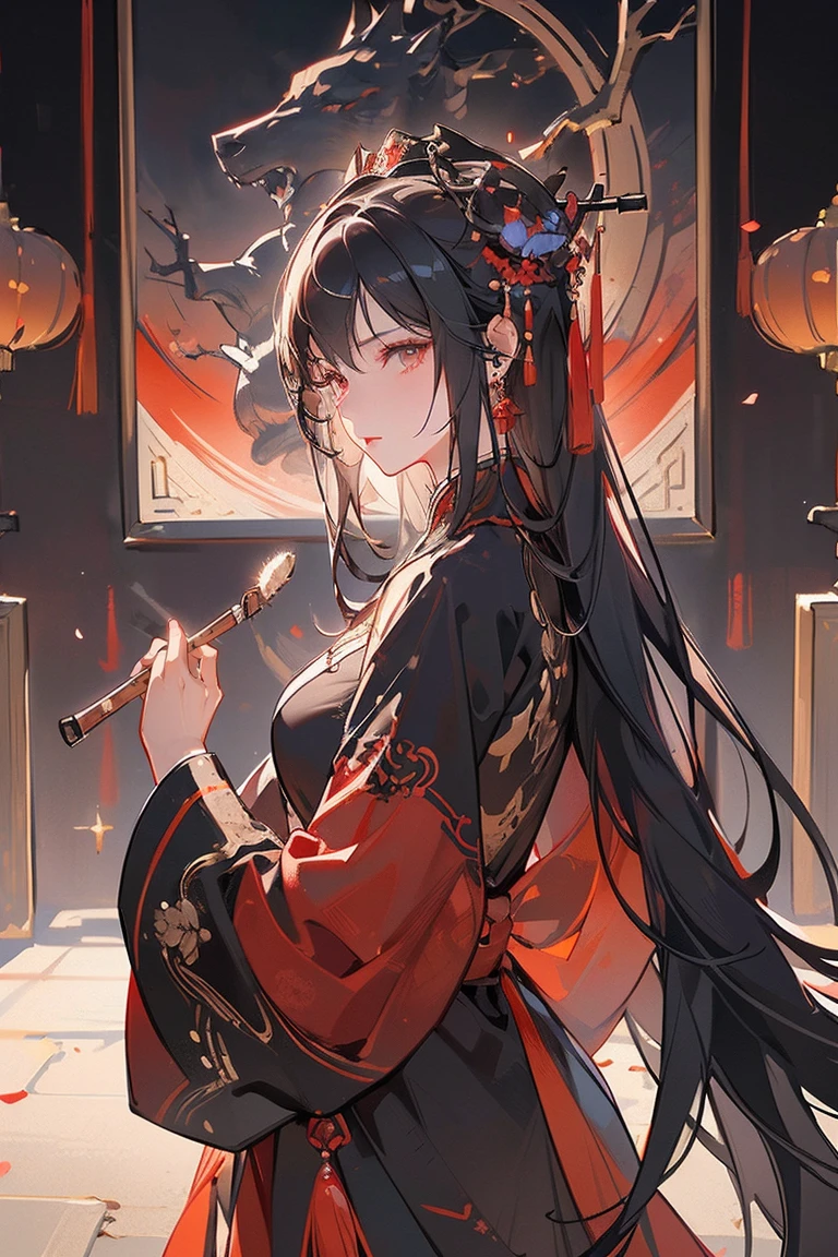 (Extremely detailed 8k wallpaper),(Extremely detailed),(best quality),(masterpiece),(Very detailed),(movie lighting),(The original),Cold Light,Moody,(Chinese Fine Brushwork Painting ),32K Depth of Field,1 Girl,(Queen),((The image of the empress)),((immortal)),(Black long hair),((Majestic expression)),((Red clothes))