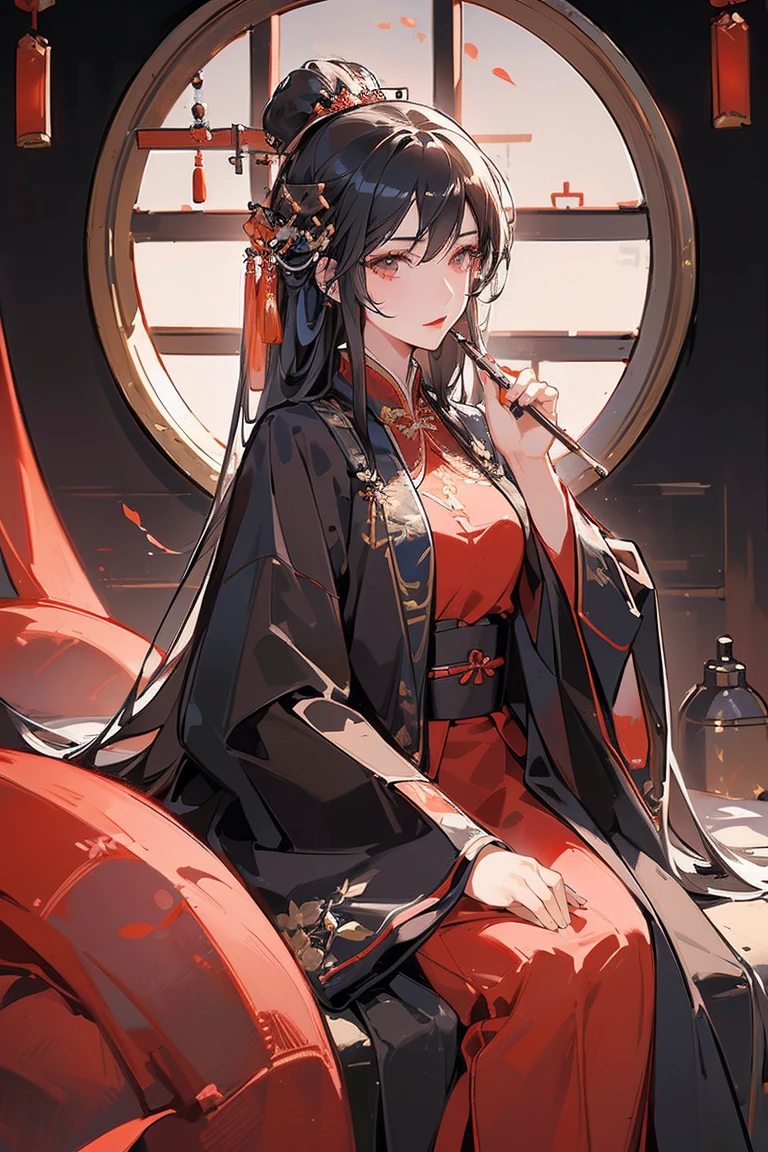 (Extremely detailed 8k wallpaper),(Extremely detailed),(best quality),(masterpiece),(Very detailed),(movie lighting),(The original),Cold Light,Moody,(Chinese Fine Brushwork Painting ),32K Depth of Field,1 Girl,(Queen),((The image of the empress)),((immortal)),(Black long hair),((Majestic expression)),((Red clothes))