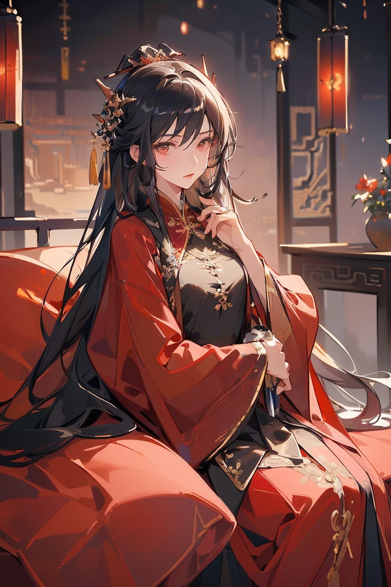 (Extremely detailed 8k wallpaper),(Extremely detailed),(best quality),(masterpiece),(Very detailed),(movie lighting),(The original),Cold Light,Moody,(Chinese Fine Brushwork Painting ),32K Depth of Field,1 Girl,(Queen),((The image of the empress)),((immortal)),(Black long hair),((Majestic expression)),((Red clothes))