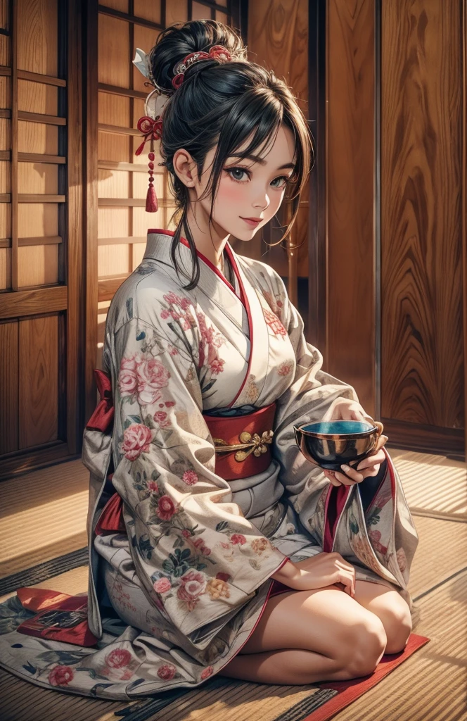 Hold the vessel with both hands、View here、Narrow Japanese-style room、Wooden board wall、Sit on tatami mats、Glossy Japanese clothing、Beautiful 30 year old woman、The wall is close、足を折り曲げてSit on tatami mats、Hold the vessel in your left hand、Smile gently、Hold the tea bowl with care