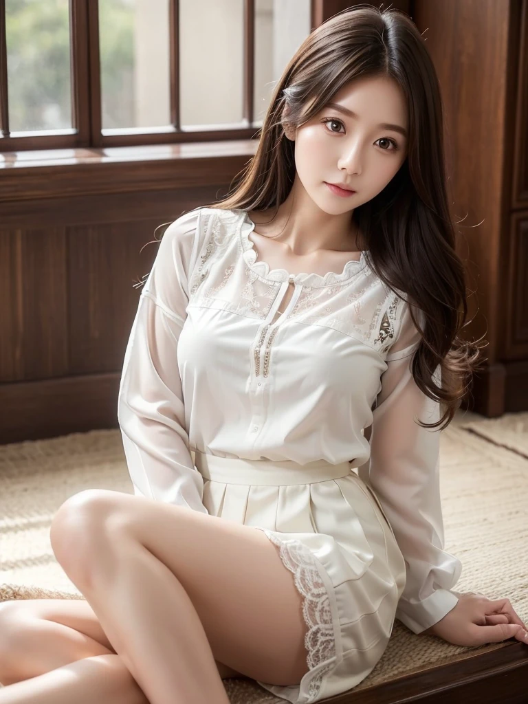 White Office、Mid-length skirt 、Sheer blouse、(Highest quality)、((Very detailed))、4K、(8K)、masterpiece、Very detailedな、Highest quality、Super Resolution、1 person、Kind Face、Soft Light、RAW quality、Soft Skin、163cm、30 years old、knees