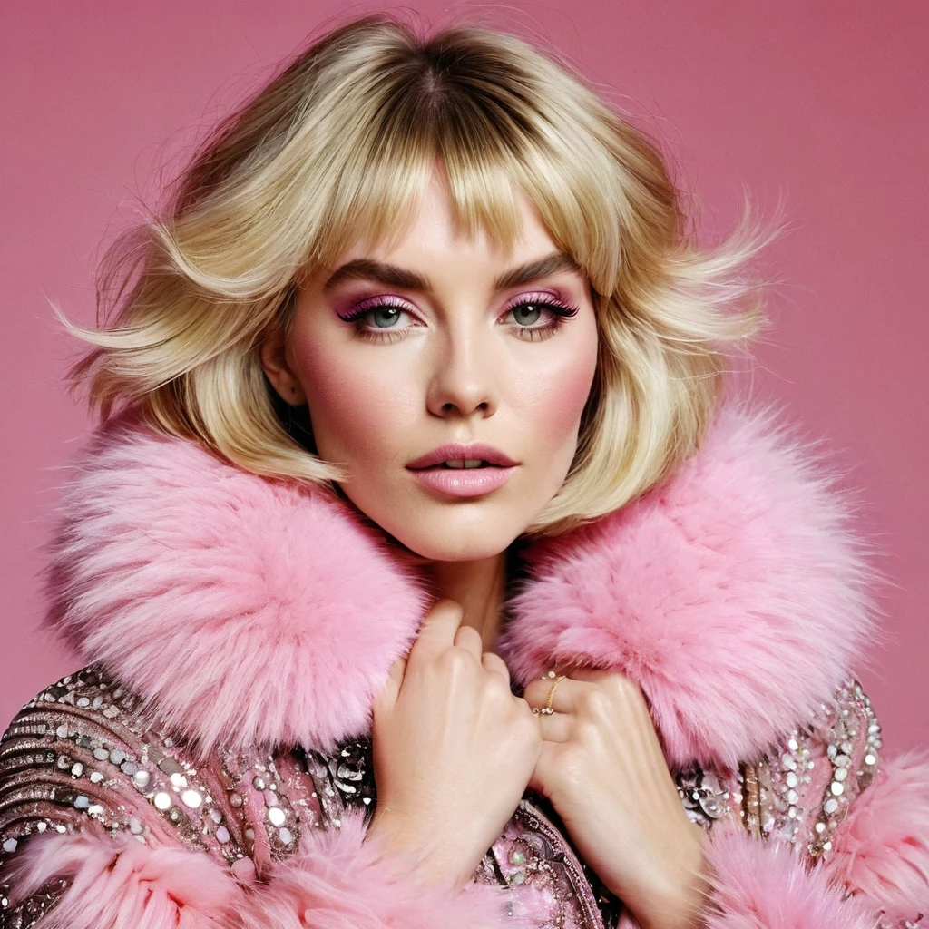 hugely bearded woman to cheeks and neck, voluminous bob lob blonde hair, shaggy hairy hands, wears bling bling pink fur coat