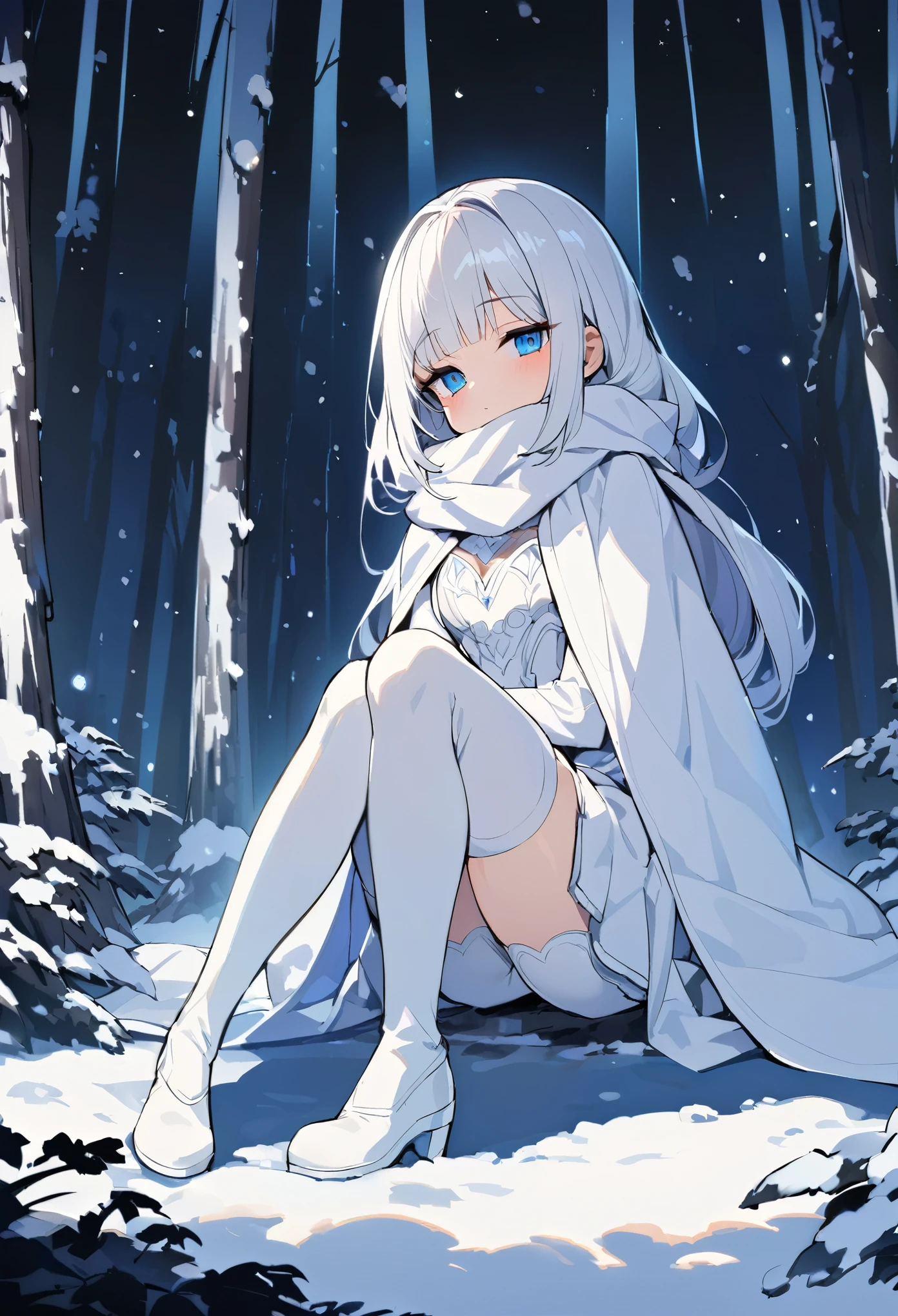 Bright Blue Eyes,Princess Cut,White Hair,White thigh-high boots,White Gossororita,White above-the-knee stockings,White ribbon,Like the whole body,Wide bangs,Half-closed eyes,long white scarf,In the woods,night,winter,Bit Girl