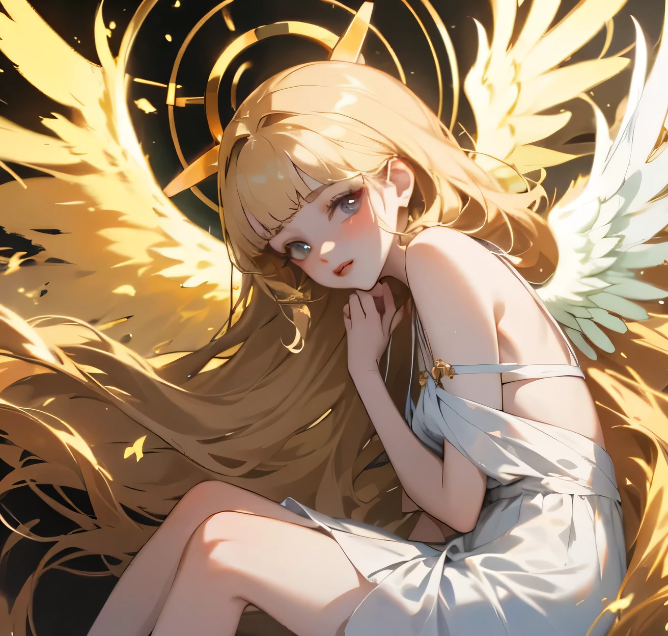 (high quality) (best quality) (a woman) (correct physiognomy) Woman, Blonde and long hair with bangs on her forehead, four small angel wings coming out of her head, two on the left side and two on the right side, two angel wings coming out of her back, a golden halo behind her head, golden eyes, tender lips, middle age, white dress with straps on the shoulders, skirt cut diagonally leaving one leg exposed, location of the photo the woman must be in middle of the forest, photo lighting sunlight, full body proportion, showing in the photo the body from head to torso