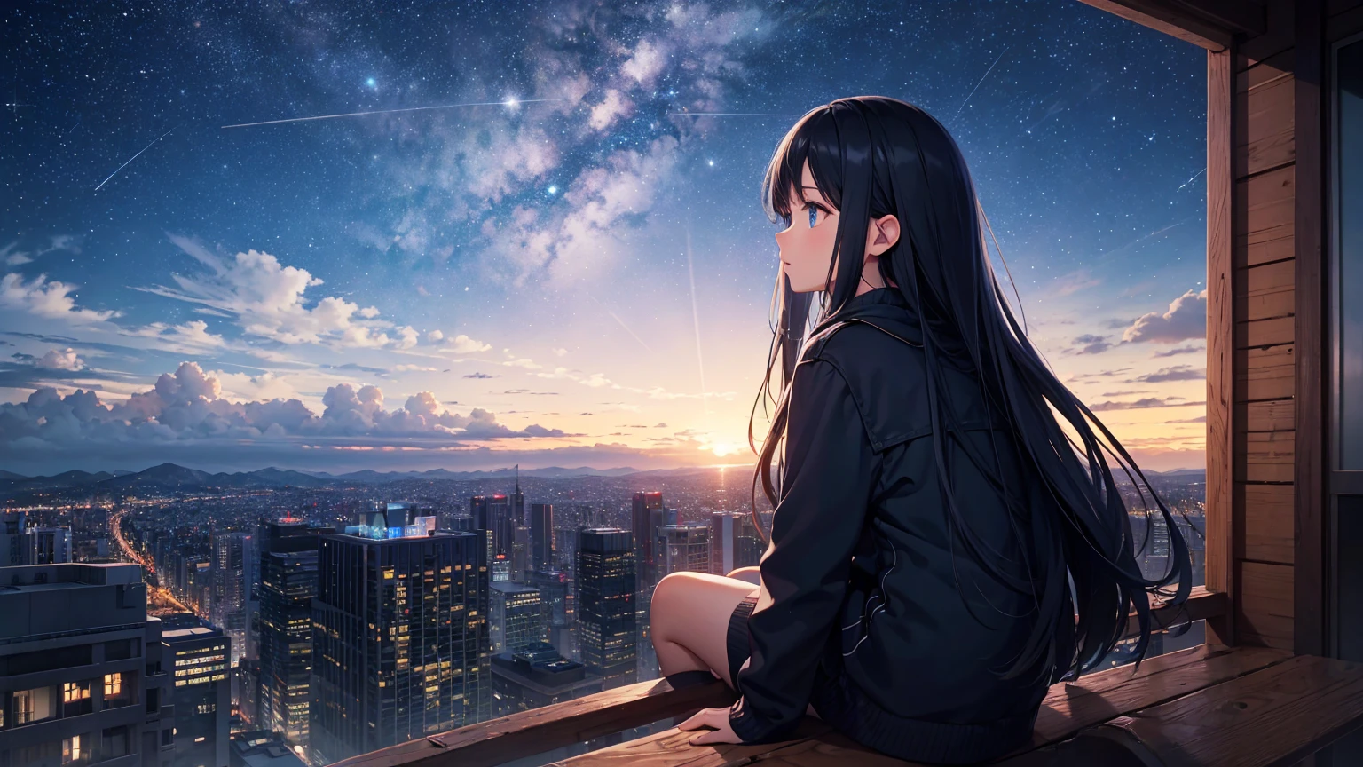 octane, sky, star (sky), sight, starry sky, night, 1 woman, night sky, alone, outdoors, building, cloud, Milky Way, seat, tree, long hair, city, silhouette, cityscape