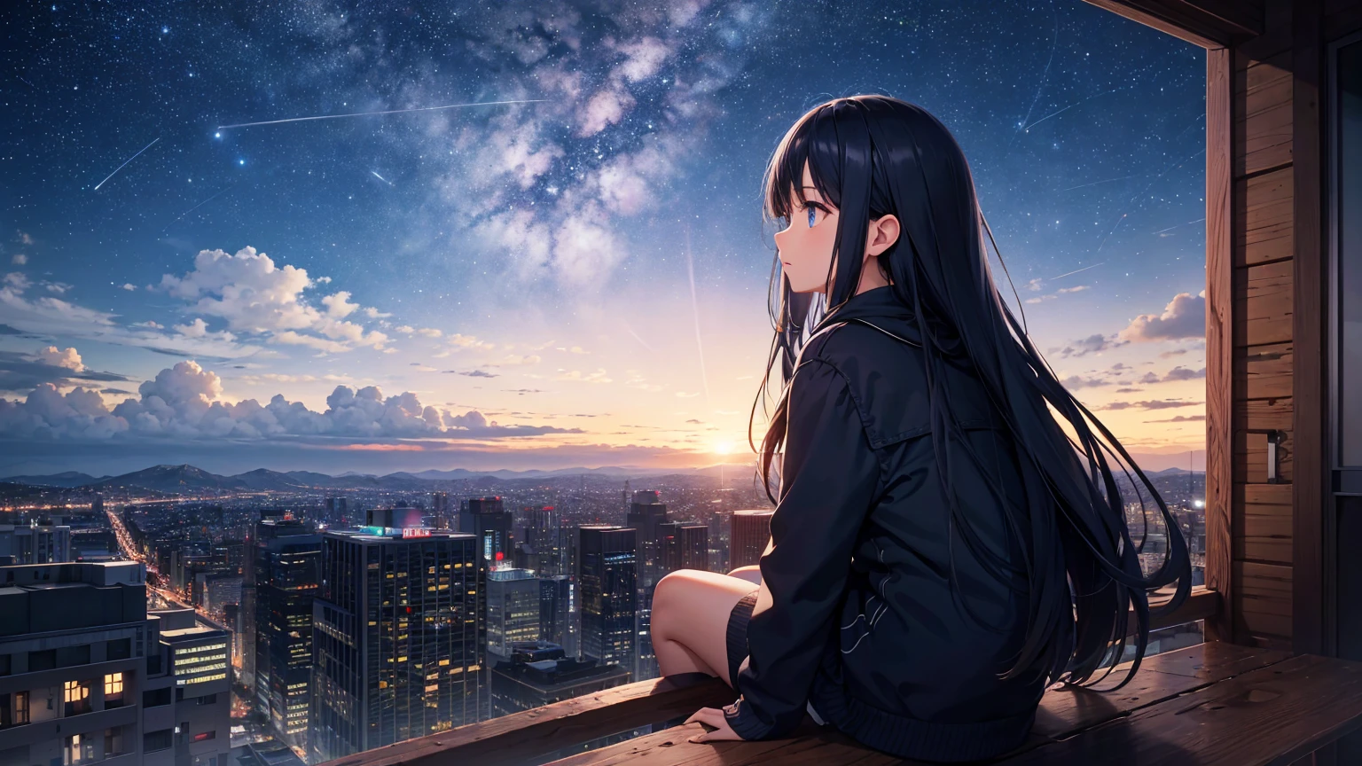 octane, sky, star (sky), sight, starry sky, night, 1 woman, night sky, alone, outdoors, building, cloud, Milky Way, seat, tree, long hair, city, silhouette, cityscape