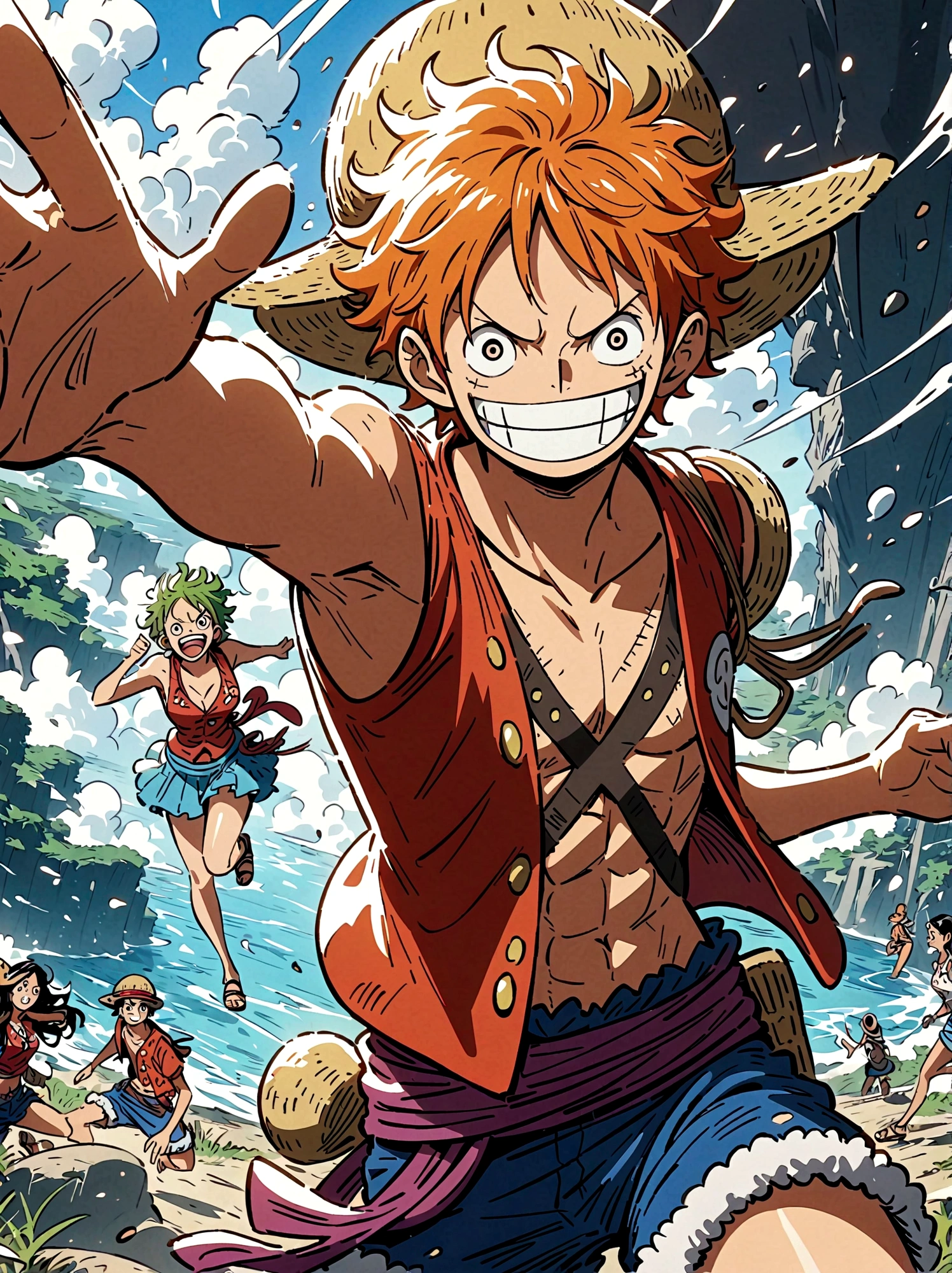 Japanese anime One Piece, Nami, Luffy, Create an expansive illustration reminiscent of a popular action-adventure anime series. It should feature a diverse group of daring explorers. Each character is unique in their own way. One is a lanky man with spiky black hair, wearing a red vest, blue shorts, and a straw hat. His cheerful attitude and love for adventure is evident in his wide grin. Another character is a man with slicked-back, shoulder-length light moss green hair, wearing fine burgundy attire, his gravity and maturity reflecting through his demeanor. The third character is a young woman with beauty and grace, she has orange hair and is seen sporting a simple vest and a mini skirt. A captivating blue sea spans the entire background, adding to the whole dangerous yet exciting vibe of the setting.