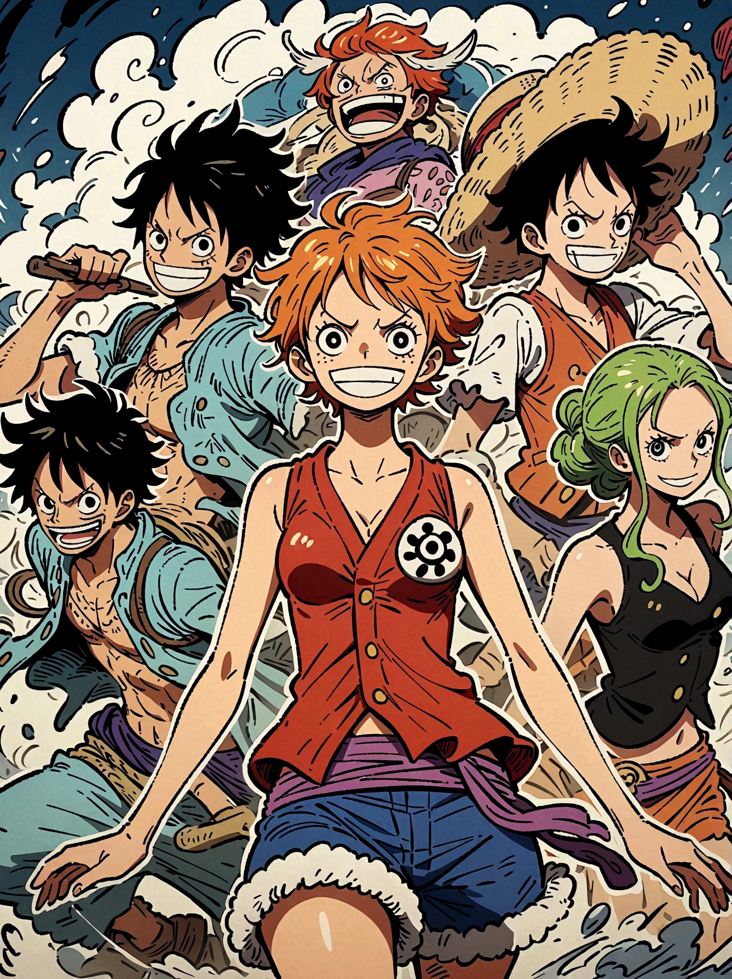 Japanese anime One Piece, Nami, Luffy, Create an expansive illustration reminiscent of a popular action-adventure anime series. It should feature a diverse group of daring explorers. Each character is unique in their own way. One is a lanky man with spiky black hair, wearing a red vest, blue shorts, and a straw hat. His cheerful attitude and love for adventure is evident in his wide grin. Another character is a man with slicked-back, shoulder-length light moss green hair, wearing fine burgundy attire, his gravity and maturity reflecting through his demeanor. The third character is a young woman with beauty and grace, she has orange hair and is seen sporting a simple vest and a mini skirt. A captivating blue sea spans the entire background, adding to the whole dangerous yet exciting vibe of the setting.