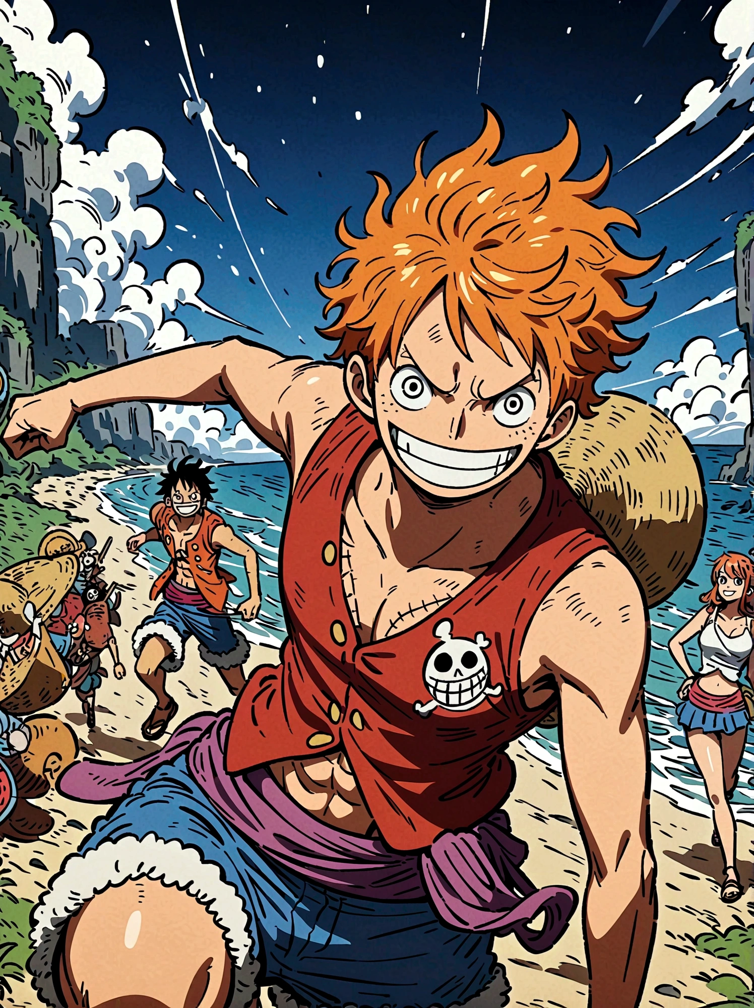 Japanese anime One Piece, Nami, Luffy, Create an expansive illustration reminiscent of a popular action-adventure anime series. It should feature a diverse group of daring explorers. Each character is unique in their own way. One is a lanky man with spiky black hair, wearing a red vest, blue shorts, and a straw hat. His cheerful attitude and love for adventure is evident in his wide grin. Another character is a man with slicked-back, shoulder-length light moss green hair, wearing fine burgundy attire, his gravity and maturity reflecting through his demeanor. The third character is a young woman with beauty and grace, she has orange hair and is seen sporting a simple vest and a mini skirt. A captivating blue sea spans the entire background, adding to the whole dangerous yet exciting vibe of the setting.