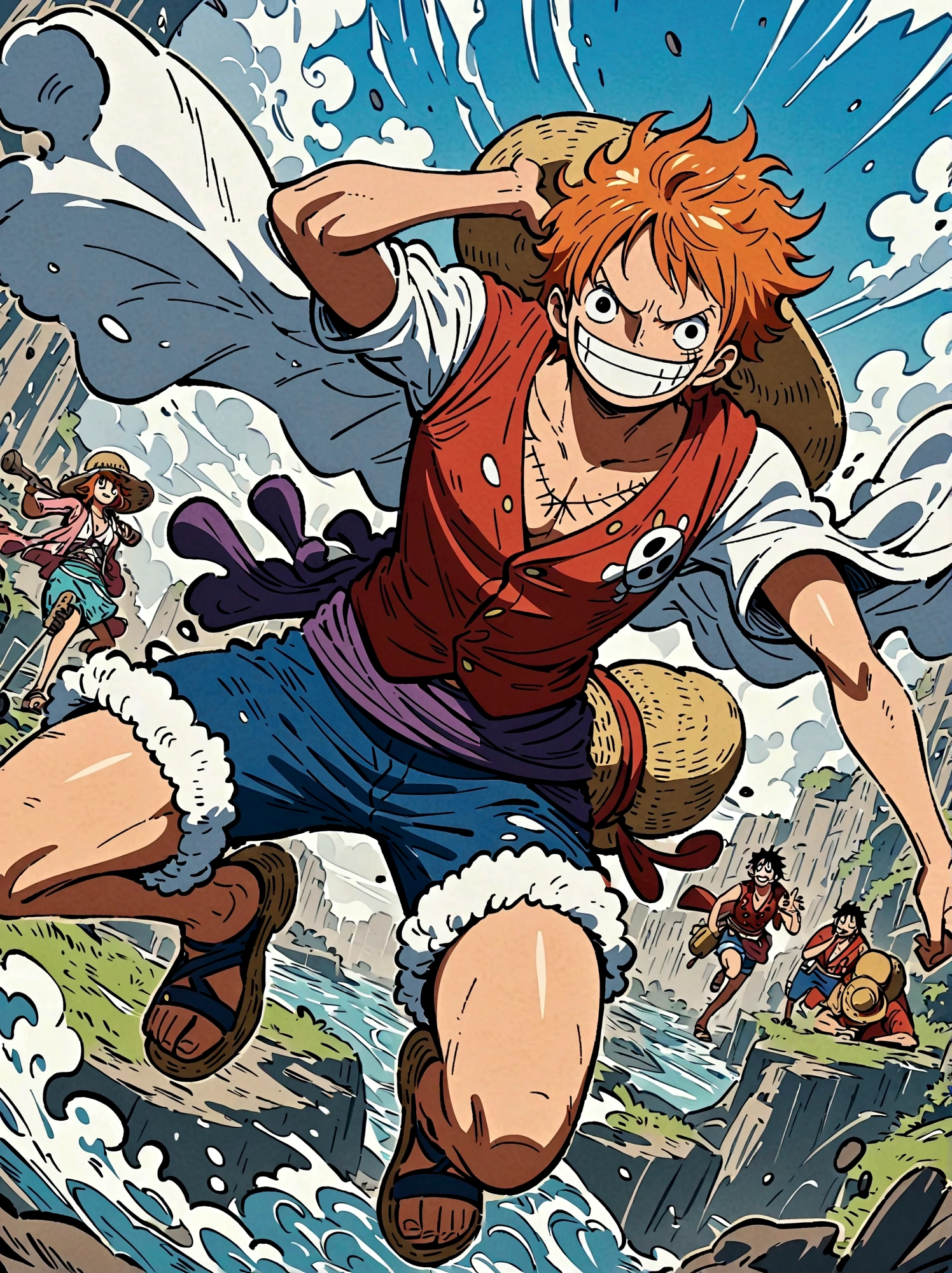 Japanese anime One Piece, Nami, Luffy, Create an expansive illustration reminiscent of a popular action-adventure anime series. It should feature a diverse group of daring explorers. Each character is unique in their own way. One is a lanky man with spiky black hair, wearing a red vest, blue shorts, and a straw hat. His cheerful attitude and love for adventure is evident in his wide grin. Another character is a man with slicked-back, shoulder-length light moss green hair, wearing fine burgundy attire, his gravity and maturity reflecting through his demeanor. The third character is a young woman with beauty and grace, she has orange hair and is seen sporting a simple vest and a mini skirt. A captivating blue sea spans the entire background, adding to the whole dangerous yet exciting vibe of the setting.