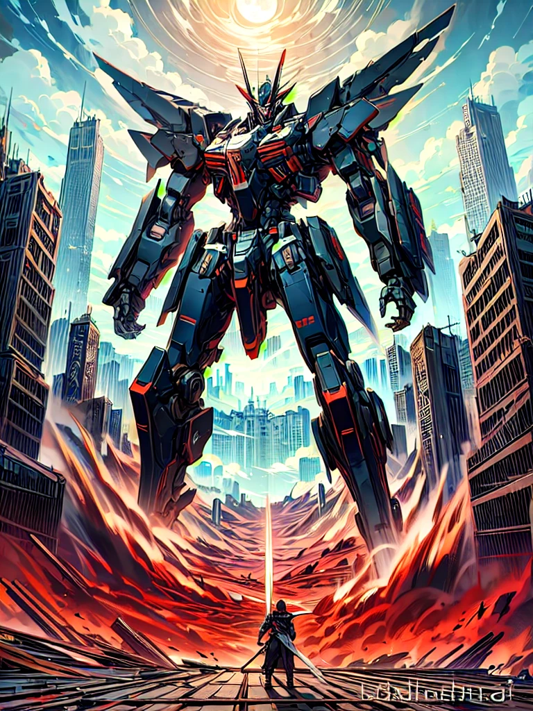 In a sci-fi style city, a Chinese swordsman,Black Fragmented Hair,stands on the rooftop of a tall building,wielding a black straight sword,dressed in modern black clothing, gazing at,mechas,terrifying monsters with flesh and blood,soaring in the clouds,leaving the world in ruins
Behind the scenes perspective
(painting),(illustration),{beat quality}