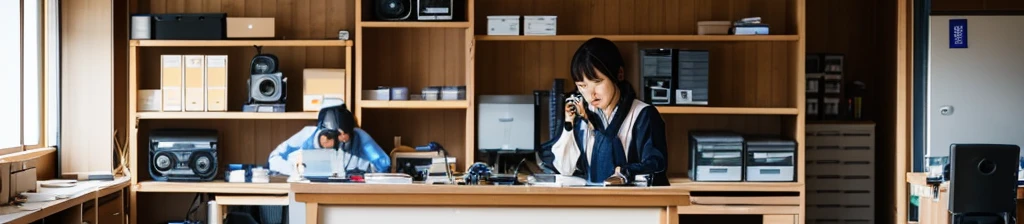 Inside the office, there are cameras and lenses on the shelves, a Japanese woman is at the workbench in the back, taking pictures of cameras and lenses, and packing products.