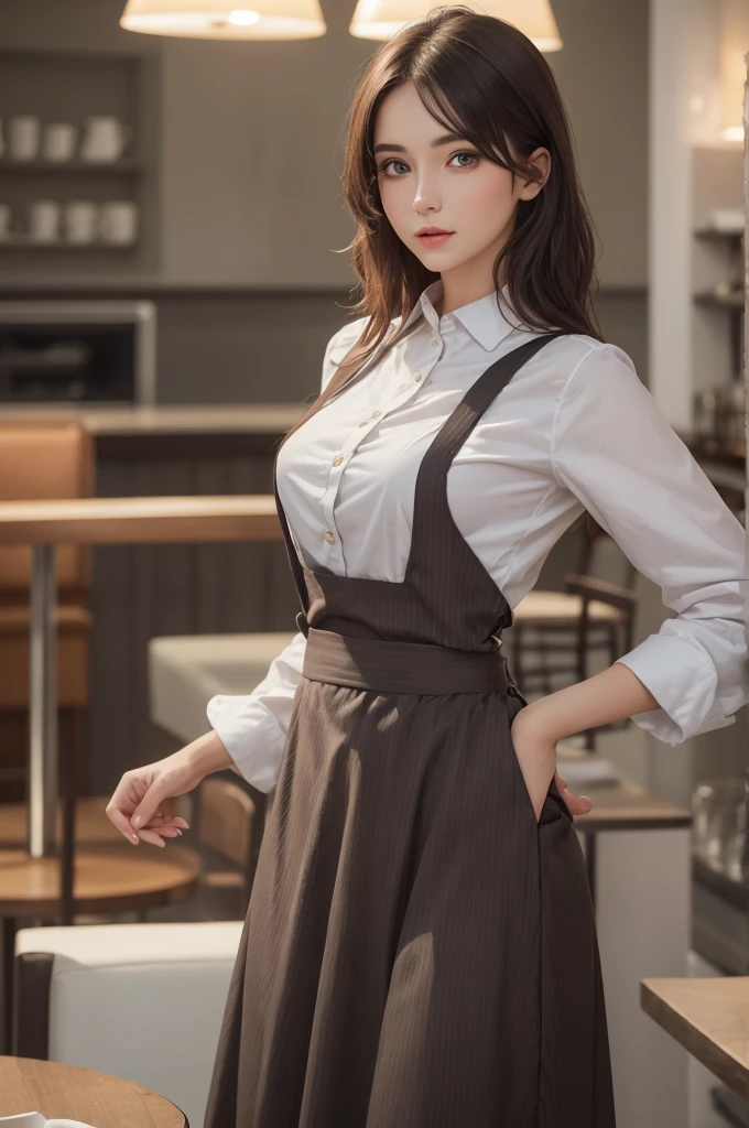 8K Ultra HD、RAWphotograph、モデルphotograph撮影、 (masterpiece, highest quality, photoGenuineistic, High resolution, photograph: 1.3), close, focus on, Hot Model, slim, 30 year old mature woman、Small face、Shortcuts、Dark brown hair、Beautiful eyes in every detail、Genuineな肌, (Perfect body), Sexy hot face, casual, sexual sight, slim,Long sleeve, Beautiful eyes in every detail、Glossy lips、Small breasts、、Bust B cup、((Bright light、Dynamic Lighting、Genuine、超Genuine、 Genuineism、Genuineistic details、Cool Beauty、Cool pose、Waitress clothes,Long skirt,apron,Inside a stylish cafe,Mr.々Posing
