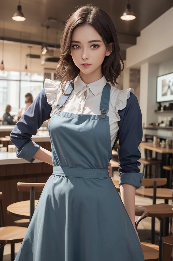 8K Ultra HD、RAWphotograph、モデルphotograph撮影、 (masterpiece, highest quality, photoGenuineistic, High resolution, photograph: 1.3), close, focus on, Hot Model, slim, 30 year old mature woman、Small face、Shortcuts、Dark brown hair、Beautiful eyes in every detail、Genuineな肌, (Perfect body), Sexy hot face, casual, sexual sight, slim,Long sleeve, Beautiful eyes in every detail、Glossy lips、Small breasts、、Bust B cup、((Bright light、Dynamic Lighting、Genuine、超Genuine、 Genuineism、Genuineistic details、Cool Beauty、Cool pose、Waitress clothes,Long skirt,apron,Inside a stylish cafe,Mr.々Posing