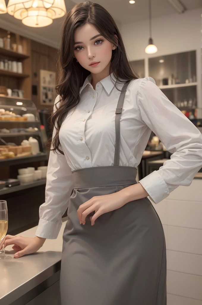 8K Ultra HD、RAWphotograph、モデルphotograph撮影、 (masterpiece, highest quality, photoGenuineistic, High resolution, photograph: 1.3), close, focus on, Hot Model, slim, 30 year old mature woman、Small face、Shortcuts、Dark brown hair、Beautiful eyes in every detail、Genuineな肌, (Perfect body), Sexy hot face, casual, sexual sight, slim,Long sleeve, Beautiful eyes in every detail、Glossy lips、Small breasts、、Bust B cup、((Bright light、Dynamic Lighting、Genuine、超Genuine、 Genuineism、Genuineistic details、Cool Beauty、Cool pose、Waitress clothes,Long skirt,apron,Inside a stylish cafe,Mr.々Posing