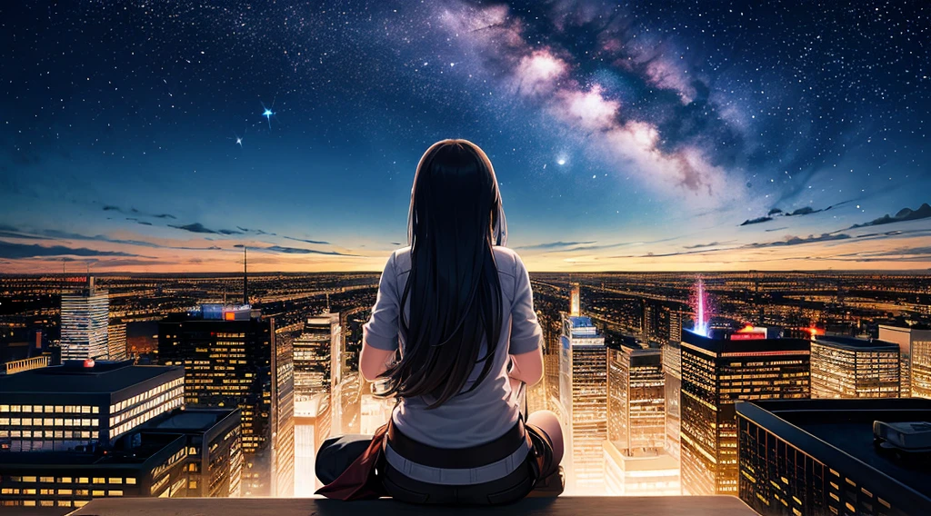 octane, sky, star (sky), sight, starry sky, night, only child, night sky, alone, outdoor, signature, building, cloud, Milky Way, seat, tree, long hair, city, silhouette, cityscape