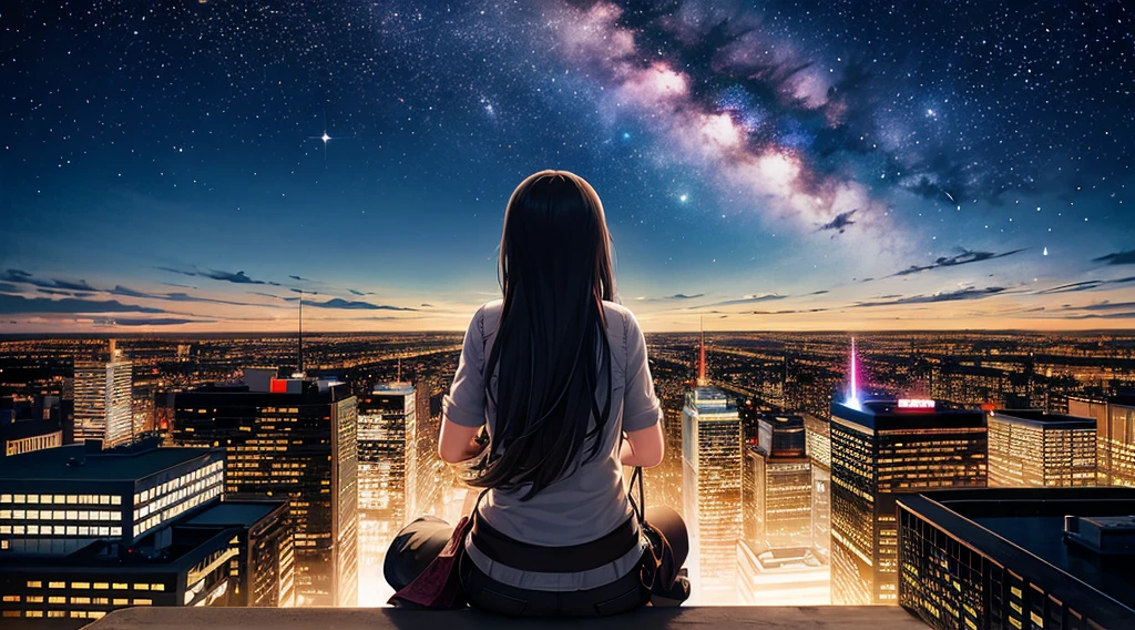 octane, sky, star (sky), sight, starry sky, night, only child, night sky, alone, outdoor, signature, building, cloud, Milky Way, seat, tree, long hair, city, silhouette, cityscape