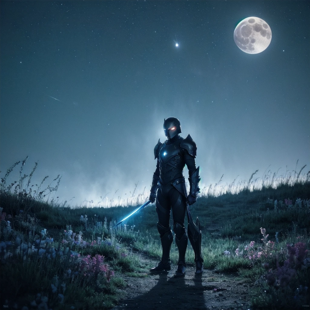 Describe a scene where a figure in full black futuristic armor stands in the middle of a vast flower field at midnight. The armor is sleek and high-tech, with glowing blue accents. The figure has just thrust a large, two-handed energy sword into the ground. The field is filled with a variety of flowers, their colors muted in the moonlight. The night sky is clear, with stars and a bright full moon illuminating the scene. The armor's blue accents glow softly, creating an ethereal contrast with the dark surroundings. The figure's stance is strong and resolute, and the atmosphere is a blend of tranquility and tension.