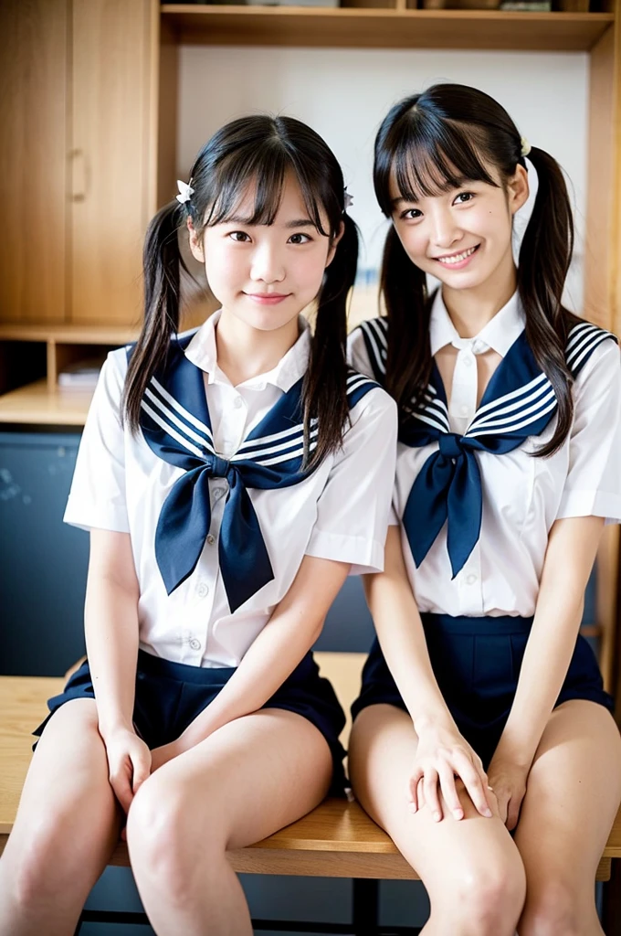 2 girls on desk in wooden school classroom,white shirt with sailor collar,white speedo briefs with navy blue frills,pink plaid bow tie,18-year-old,bangs,a little smile,bare thighs,knees,legs apart,short hair with low pigtails,from before,front light