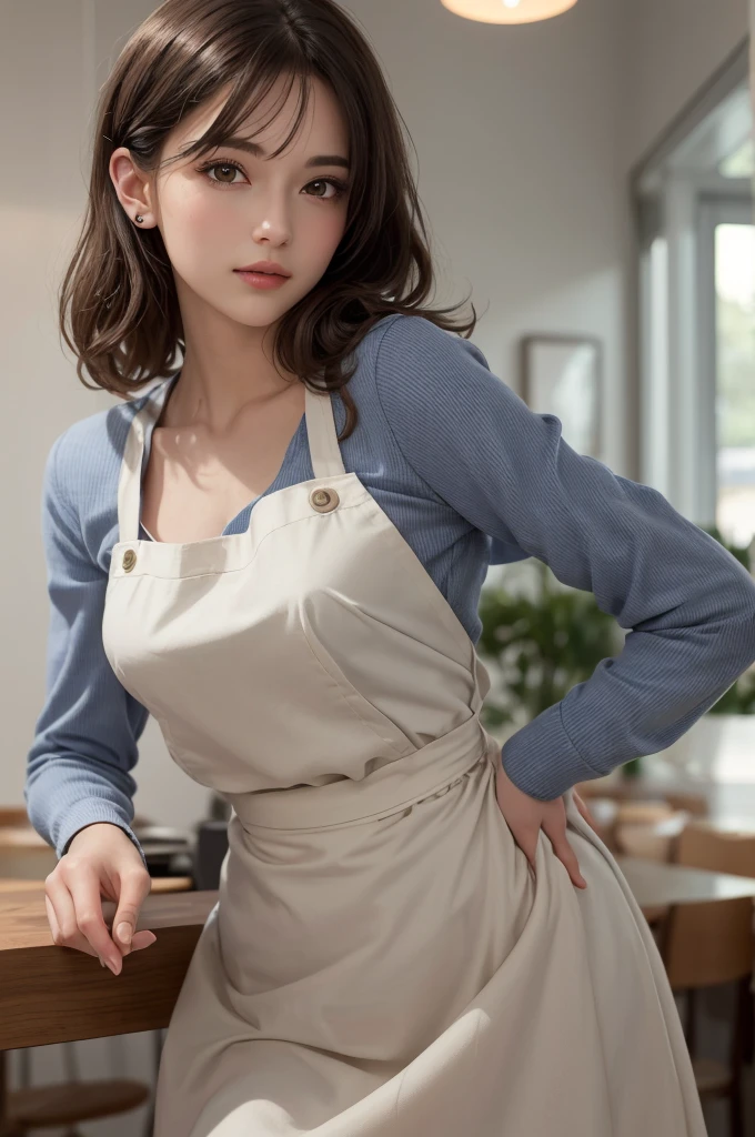 8K Ultra HD、RAWphotograph、モデルphotograph撮影、 (masterpiece, highest quality, photoGenuineistic, High resolution, photograph: 1.3), close, focus on, Hot Model, slim, 30 year old mature woman、Small face、Shortcuts、Dark brown hair、Beautiful eyes in every detail、Genuineな肌, (Perfect body), Sexy hot face, casual, sexual sight, slim,Long sleeve, Beautiful eyes in every detail、Glossy lips、Small breasts、、Bust B cup、((Bright light、Dynamic Lighting、Genuine、超Genuine、 Genuineism、Genuineistic details、Cool Beauty、Cool pose、Waitress clothes,Long skirt,apron,Inside a stylish cafe,Mr.々Posing