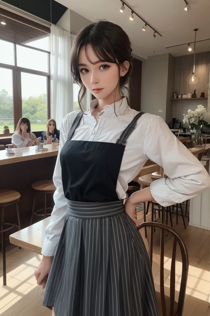 One Girl, apron, Black dress,  blush, Braiding, dress, Eyebrows visible through hair, Big Breasts, valley, The chest is exposed, Beautiful nipples, Frills, gloves, Hair between the eyes, jewelry, Juliet Sleeve, Long sleeve, Maid, Maid apron, Maidの頭飾り, Puffy sleeves, short hair,((She lifted her skirt to show her panties.、Tempting you)), White lace panties, White apron, window, Huge 、Nogizaka Idol、Korean Idols、Burning idol pose、actress、Age 25、expensive、Cafe、restaurant, Official Art，Highly detailed CG Unity 8k wallpaper, (masterpiece:1.0),(highest quality:1.0), photo shoot, 8k, Browsing Caution, High resolution, Kodak Portrait 400, Film Grain, Lens flare brilliance,View Audience