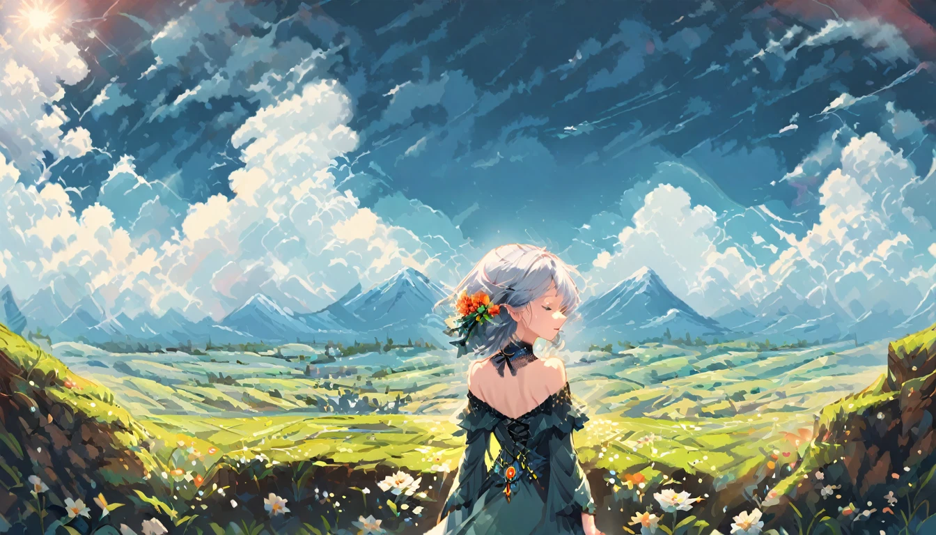 A flower field　Small Grave　A woman in her twenties with short silver hair prays alone　Back view　Sunny skies　Vision　Landscape illustration