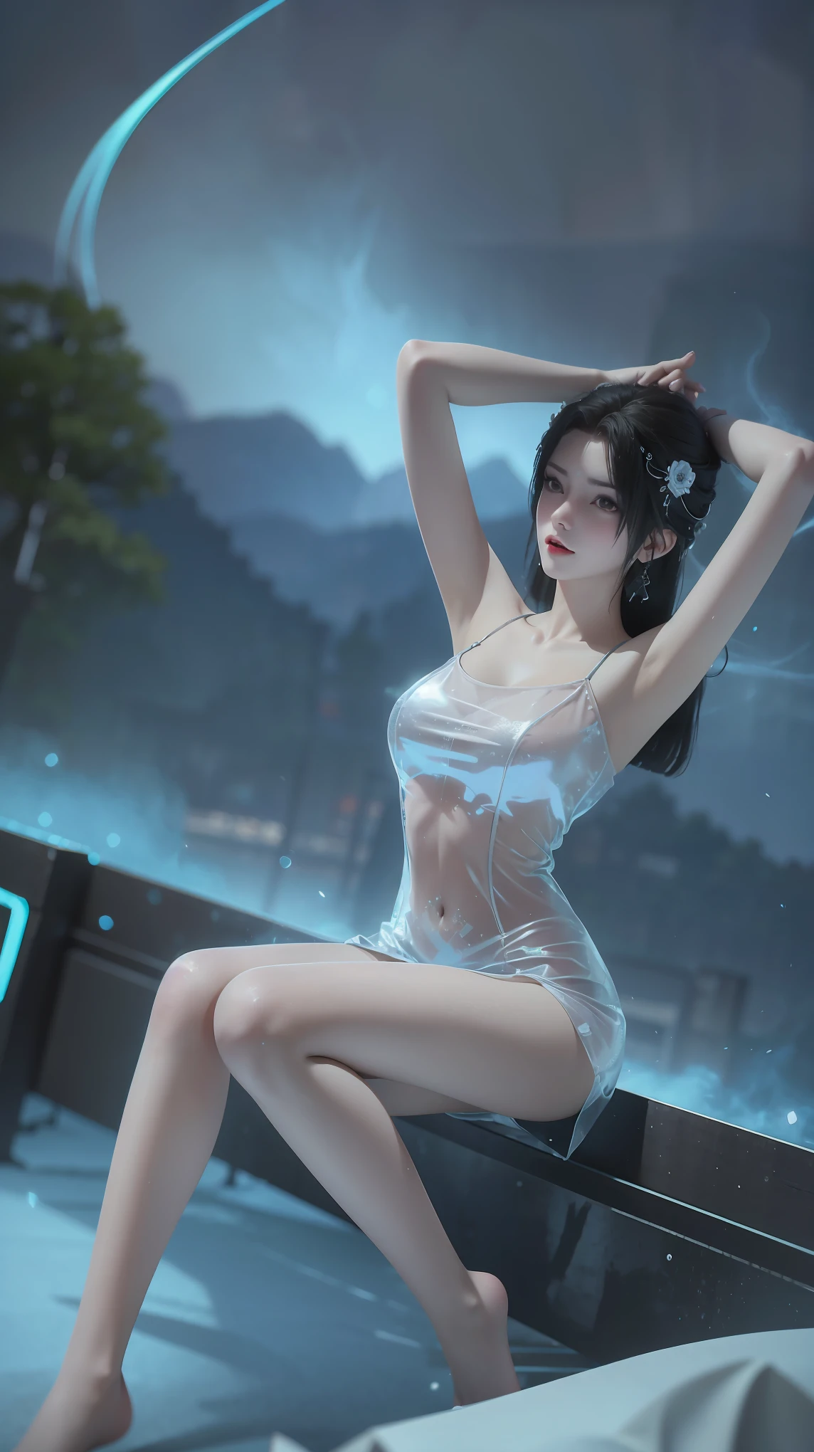 (((1 girl)),Ray tracing,(Dim Lights),[Detailed background (bedroom)),((Slim Girl))) Starry sky background，((((Girls wear dresses, With transparent stockings), Show off your exquisite figure and graceful curves, correct limbs, Sitting on the bed，Put your hands behind your head, Put your hands behind your head