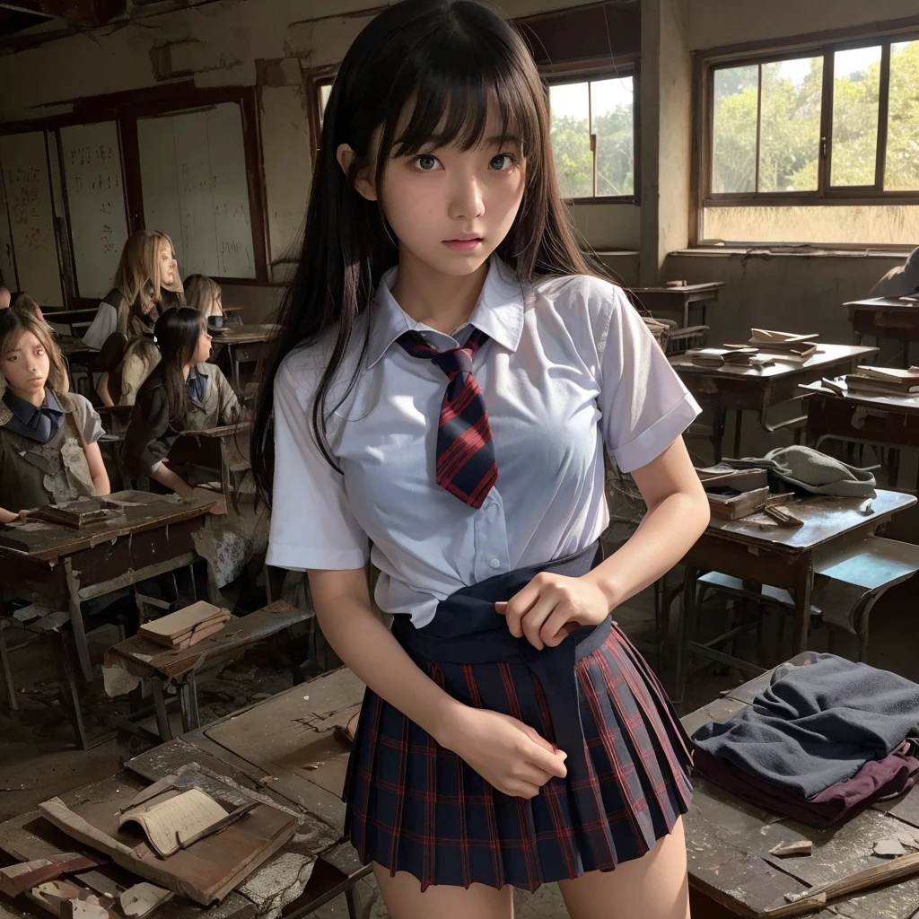 (SONY_a1.SEL50F12GM.Shooting in combination with), (1girl in), Solo, Amazing face and eyes, Serious face, (School uniform, Pleated skirt,:1.3), (Best Quality:1.4), extremely detailed CG unified 8k wallpaper, Highly detailed, High-definition raw color photos, professional photograpy, Realistic portrait, (Closed, Abandoned classrooms, Broken desk, Broken chair:1.5), (Dark classroom:1.3), A scene from a horror movie,