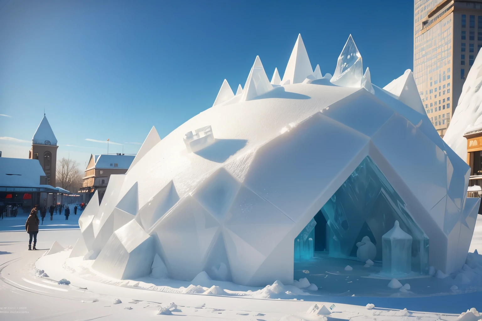 (Ice sculpture theme park), snow sidewalk, Ice sculptures of different geometric shapes, Ice sculptures of people and animals, Ice geometric artwork, wood々snow piled up on, winter, sunny, sunny, The glare of the sun reflected in the ice sculpture, Is beautiful, A masterpiece with attention to detail, Lots of ice sculptures, View from 20 meters high, Full-body wide-angle