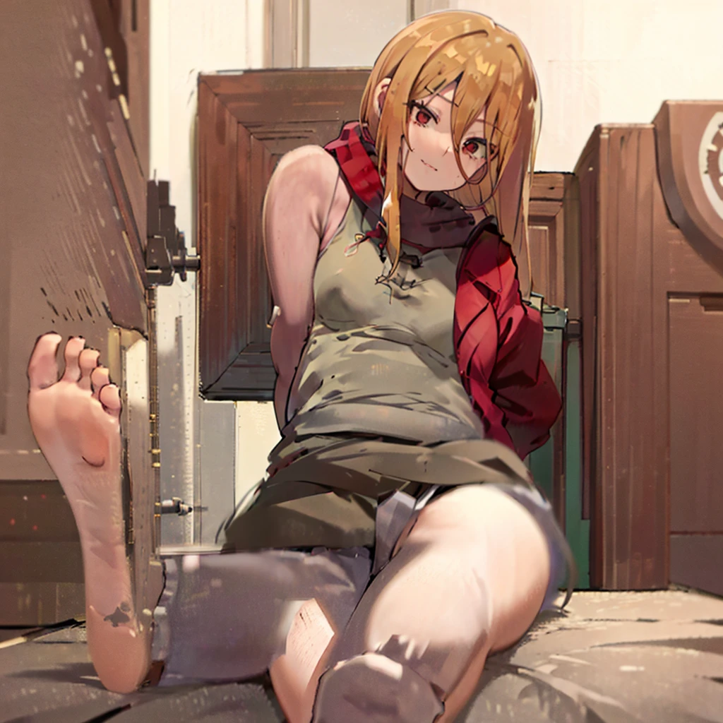 best quality,high resolution,Beautiful detailed eyes,White lighting:1.2),smile , shy , aroused, looking at viewer, feet , very small breastes, slim body, very young , vampire, , long hair , , red eyes, blonde hair, , removing boots, wet feet , score_9, score_8_up, score_7_up, score_6_up, masterpiece, BREAK, source anime, {{tags}}, (masterpiece:1.4), (best quality:1.2),(( 5 soles)), black body suite , , , spread legs , evileye_overlord, hooded red cloak, torn black clothes , barefoot , foot focus