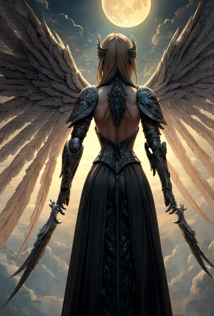 a model shot (taken from the back: 1.5), 16K, ultra detailed, masterpiece, best quality, (extremely detailed), arafed, dnd art, portrait, full body, aasimar, female, (Masterpiece 1.3, intense details), female, paladin, holy warrior, spread large feathered wings, (wings sprouting from the back: 1.3), majestic wings, white angelic wings spread (Masterpiece, intense details: 1.5), moon light, moon, stars, clouds, holy symbol, armed with sword, short blond hair, fantasy temple background, anatomically correct (Masterpiece 1.3, intense details), angel_wings, determined face, god rays, cinematic lighting, glowing light, silhouette, from outside, photorealism, panoramic view (Masterpiece 1.3, intense details) , Wide-Angle, Ultra-Wide Angle, 16k, highres, best quality, high details, armored dress
