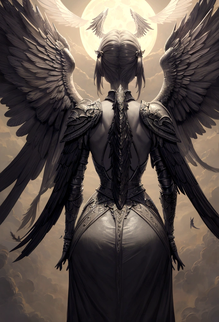 a model shot (taken from the back: 1.5), 16K, ultra detailed, masterpiece, best quality, (extremely detailed), arafed, dnd art, portrait, full body, aasimar, female, (Masterpiece 1.3, intense details), female, paladin, holy warrior, spread large feathered wings, (wings sprouting from the back: 1.3), majestic wings, white angelic wings spread (Masterpiece, intense details: 1.5), moon light, moon, stars, clouds, holy symbol, armed with sword, short blond hair, fantasy temple background, anatomically correct (Masterpiece 1.3, intense details), angel_wings, determined face, god rays, cinematic lighting, glowing light, silhouette, from outside, photorealism, panoramic view (Masterpiece 1.3, intense details) , Wide-Angle, Ultra-Wide Angle, 16k, highres, best quality, high details, armored dress